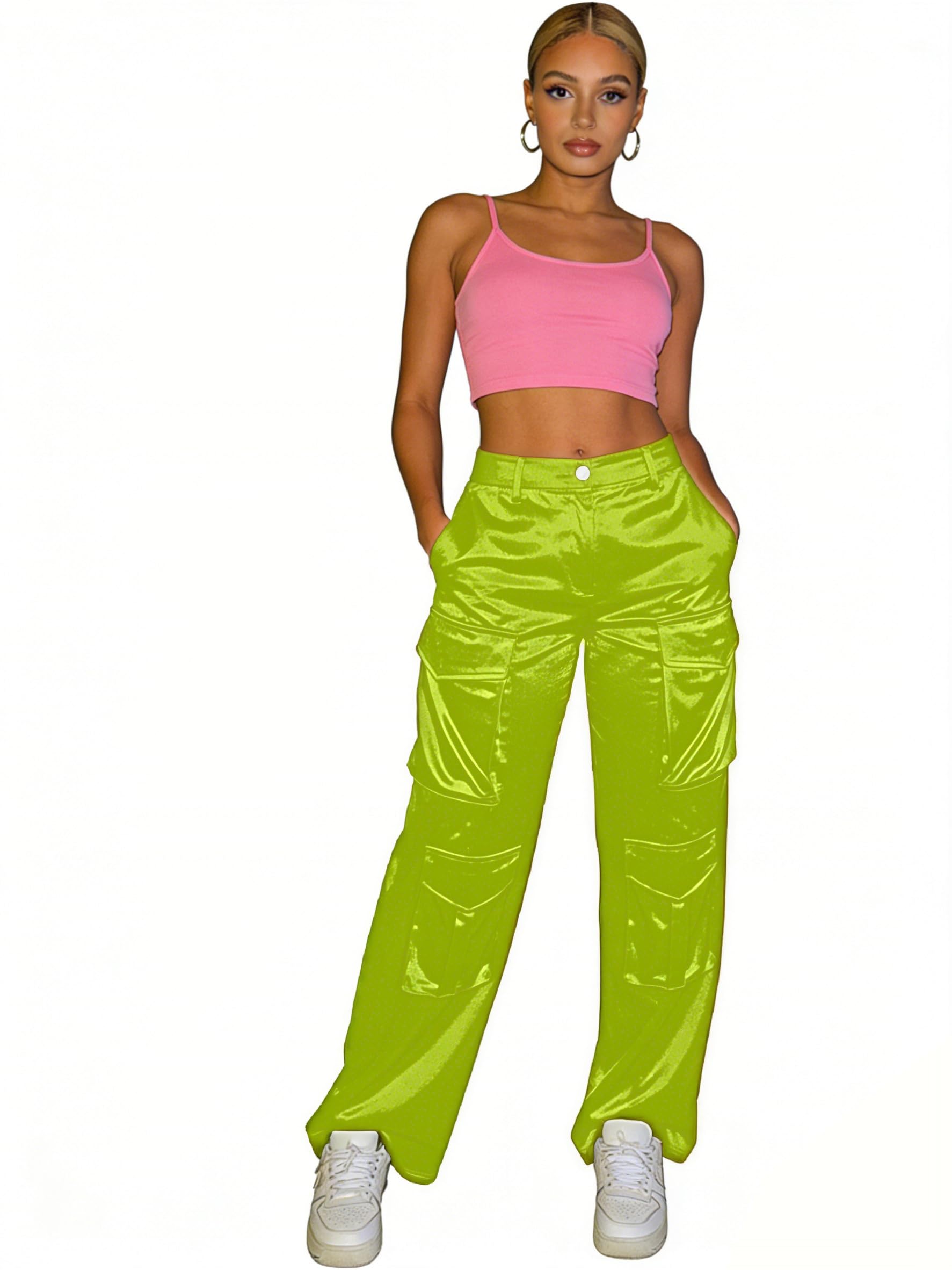 AOPCYIU Women’s Plus Size Satin Cargo Pants High Waisted Wide Leg Pants with Pockets Y2K Streetwear