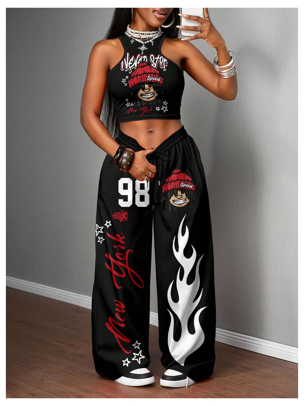 SHENHE Women's Y2k 2 Piece Outfits Graphic Crop Tank Low Rise Wide Leg Baggy Pants Set Hip Hop Streetwear
