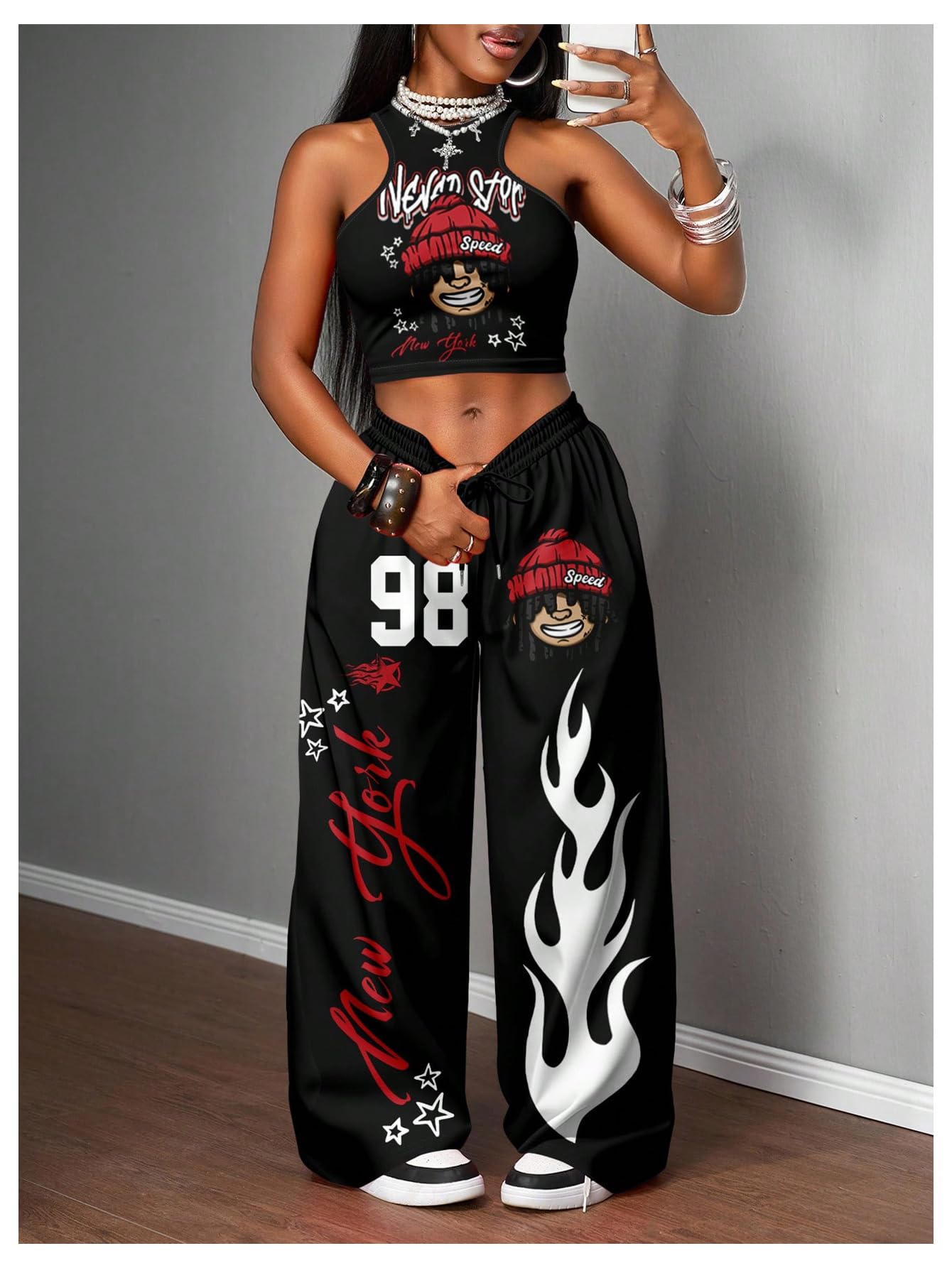 SHENHE Women's Y2k 2 Piece Outfits Graphic Crop Tank Low Rise Wide Leg Baggy Pants Set Hip Hop Streetwear
