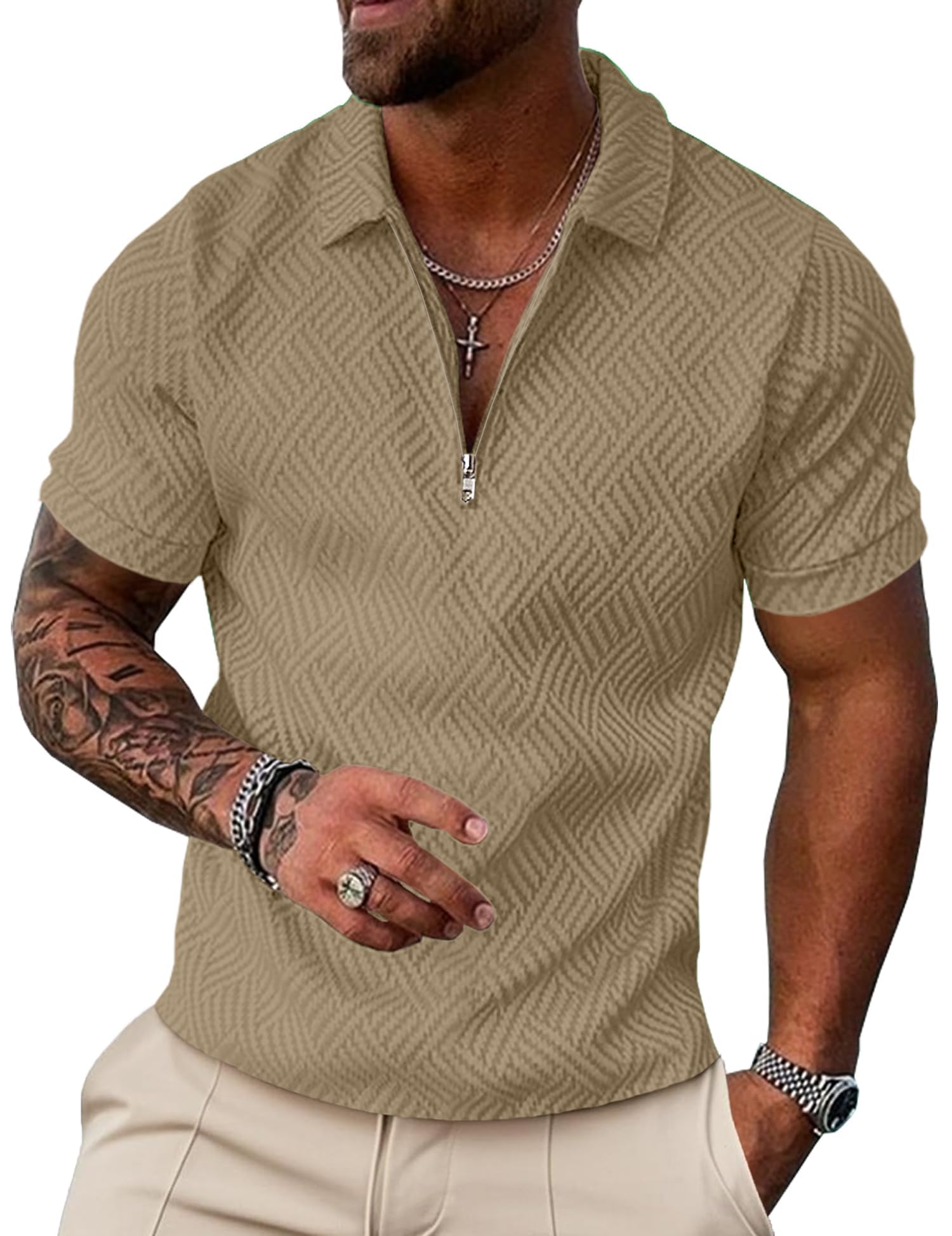 UOUA Men's Zipper Polo Shirts Short Sleeve Sweatshirts Soild Color Tops Striped Texture Casual Golf T