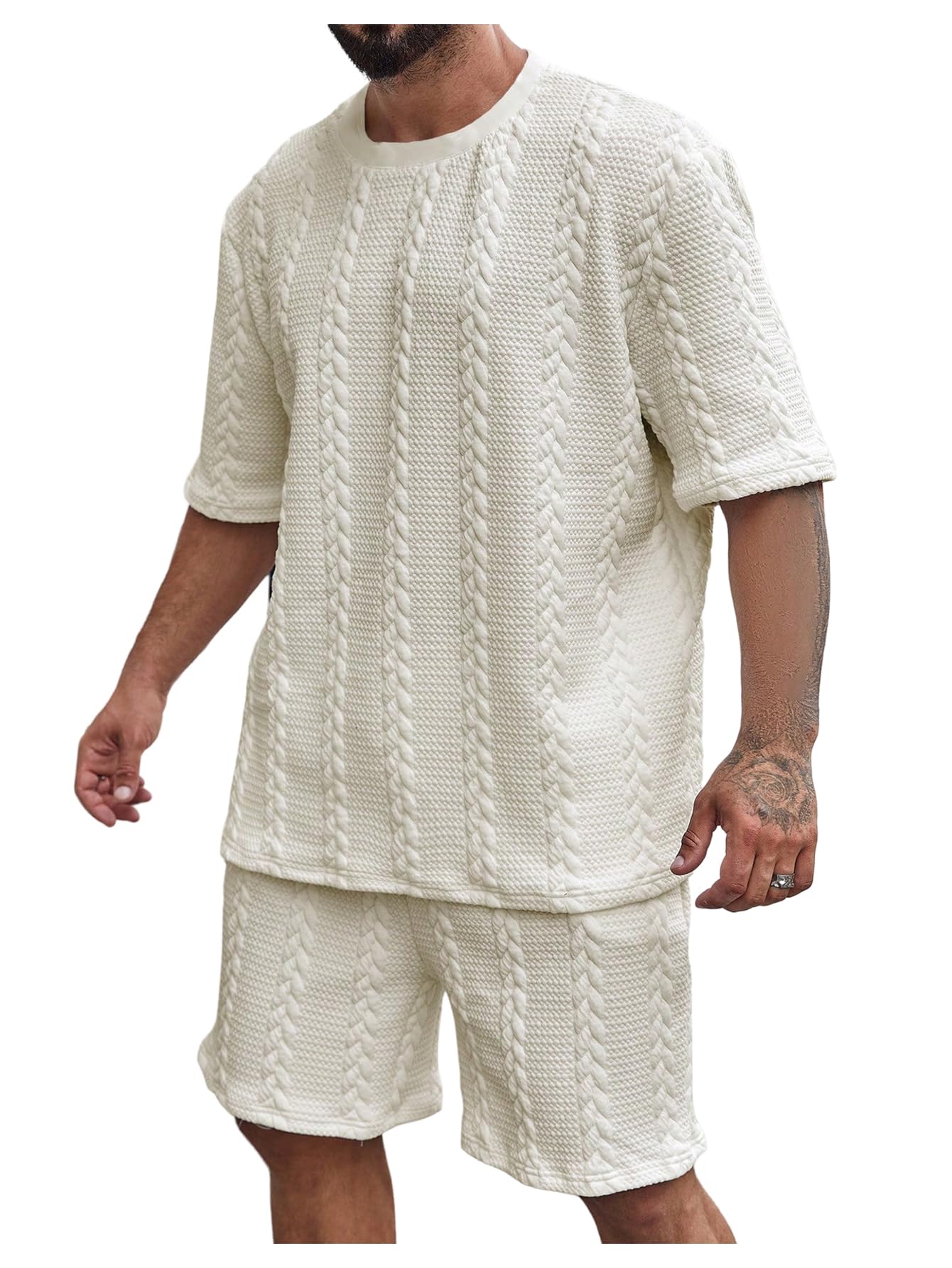 GORGLITTER Men's Big and Tall Vacation Beach Outfits Cable Knit Short Sleeve T Shirt Shorts Set