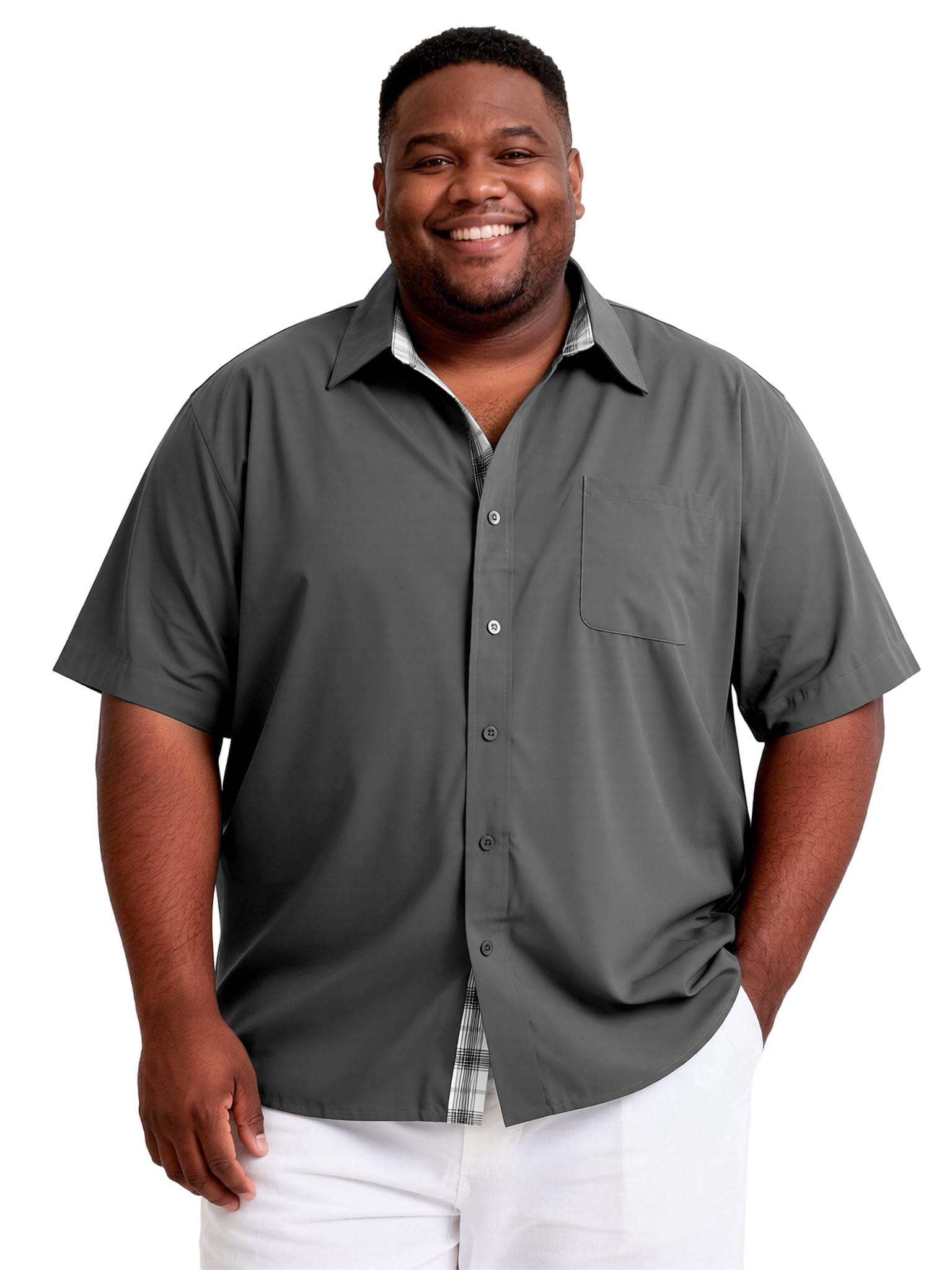 Big and Tall Dress Shirts for Men Short Sleeve Button Down Shirt with Contrast Plaid Office & Wedding Shirt