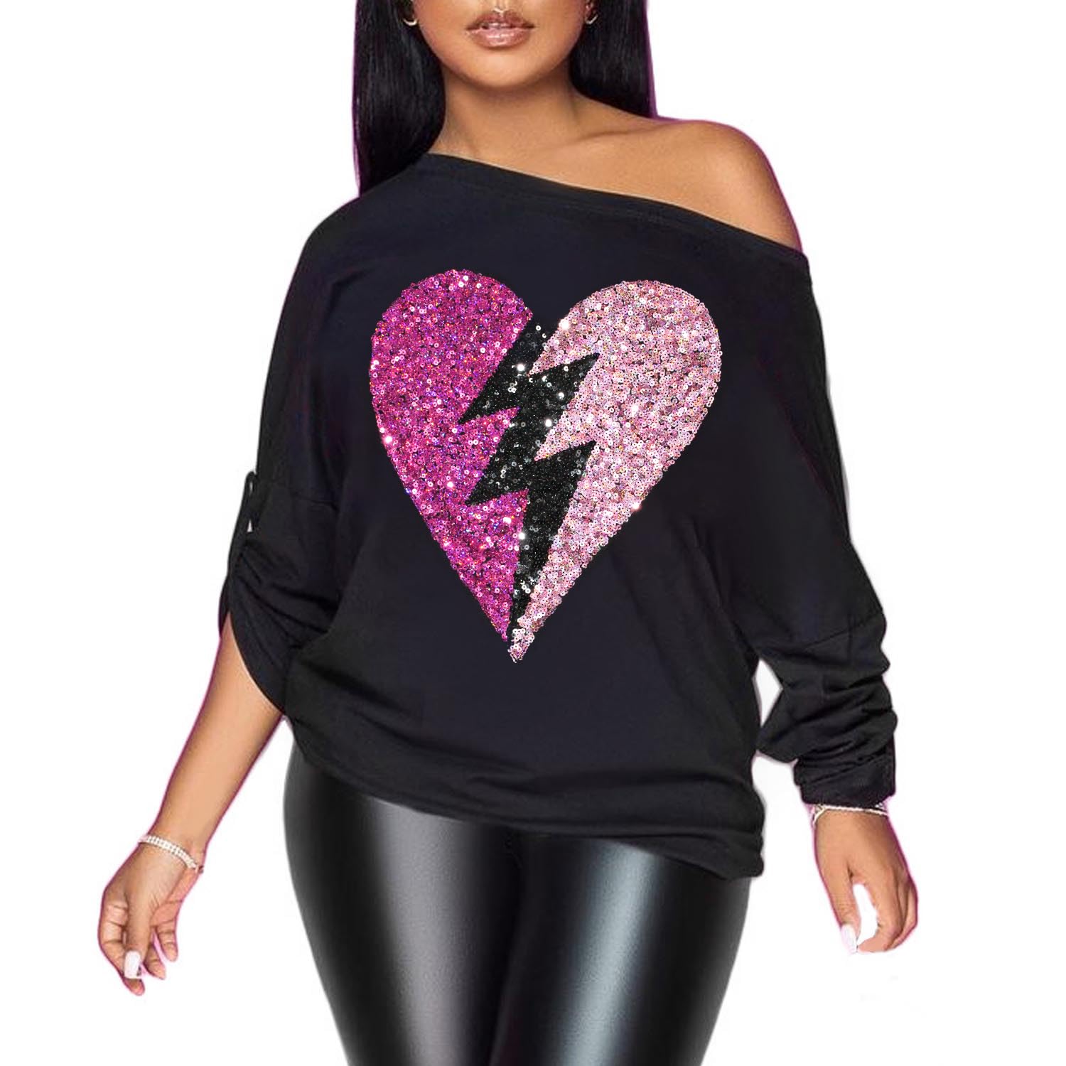 PESION Womens Off The Shoulder Tops Sexy Shiny Metallic Shirts Long Sleeves Fashion Graphic T-Shirts Blouses