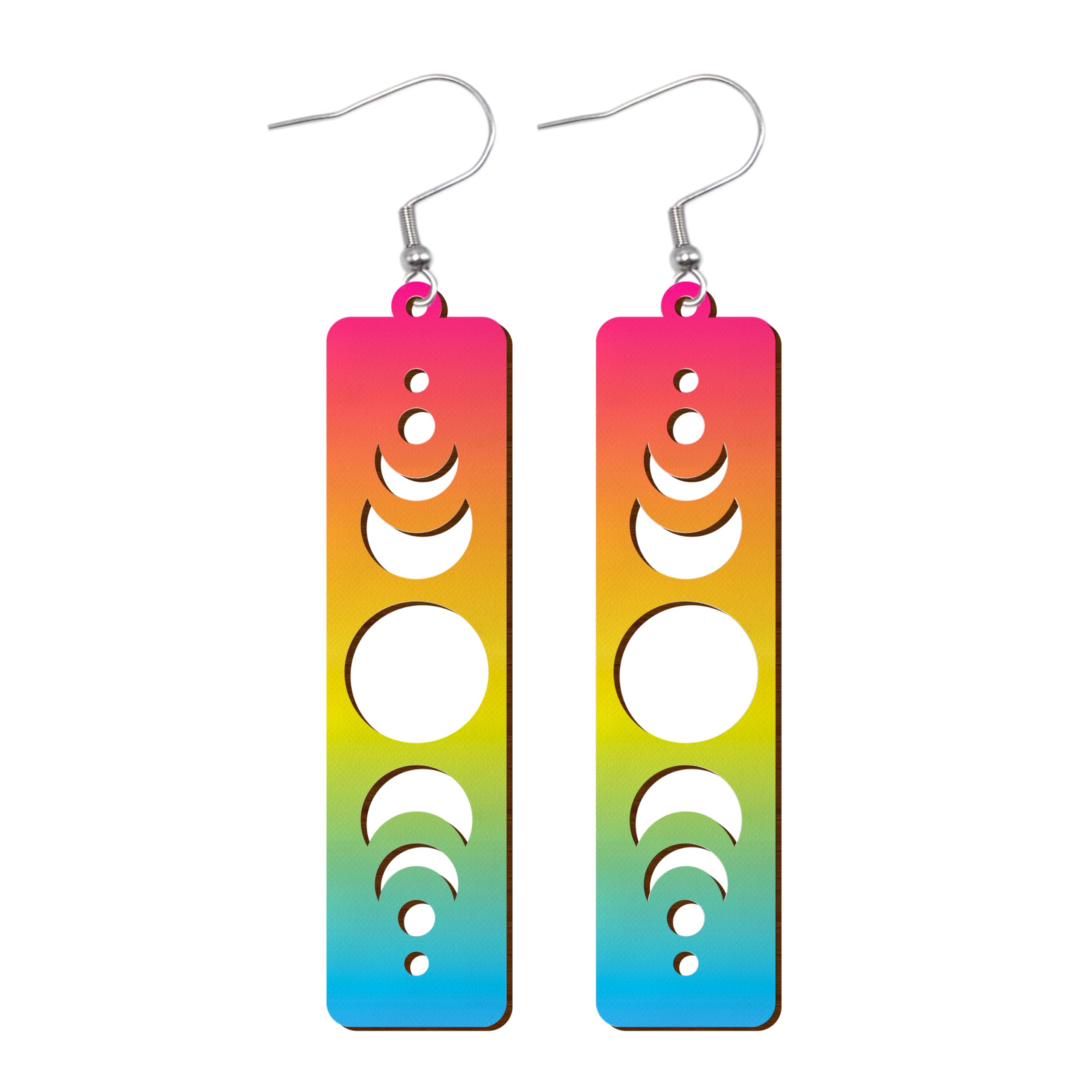 LGBTQIA+ Wooden Moon Phase Earrings, Pride Flag Dangle Earrings for LGBTQ Community, Rainbow Jewelry Gift for Gay, Lesbian, and All Identities