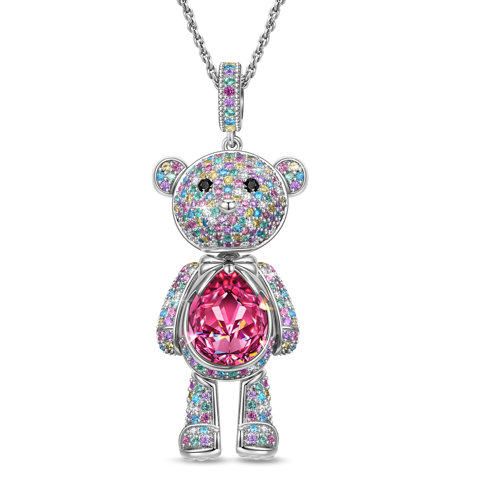 Swarovski Crystal Teddy Bear Necklace, White Gold Plated, Playful Movable Design, Sweet Warmth & Love Symbol Jewelry Gift for Women Teens Girls, Gift-Ready Packaging