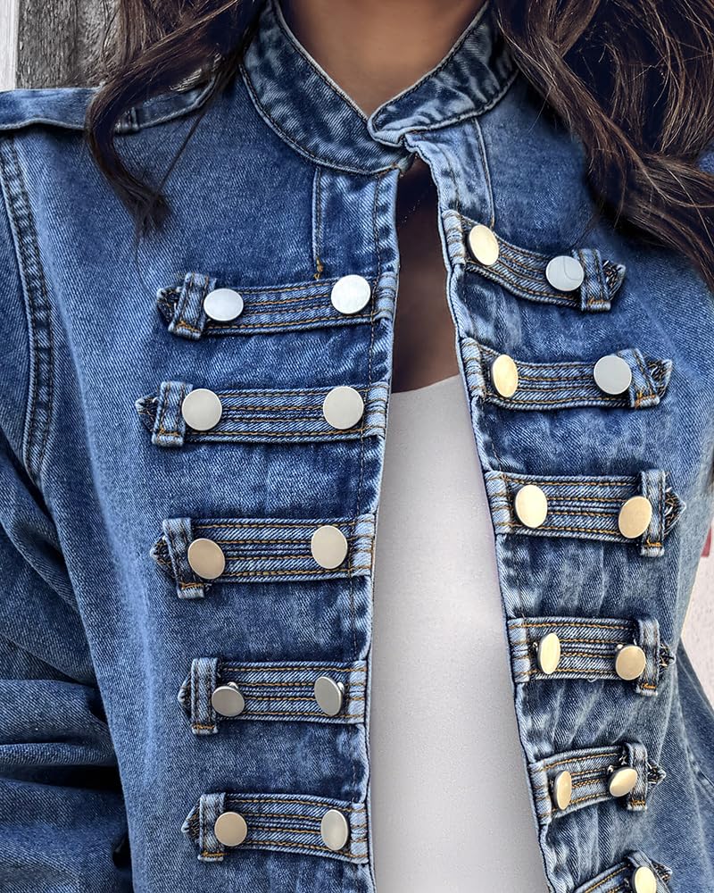 CHICME Denim Jacket for Women Button Up Stand Collar Jeans Jacket Casual Long Sleeve Lightweight Fall Coat