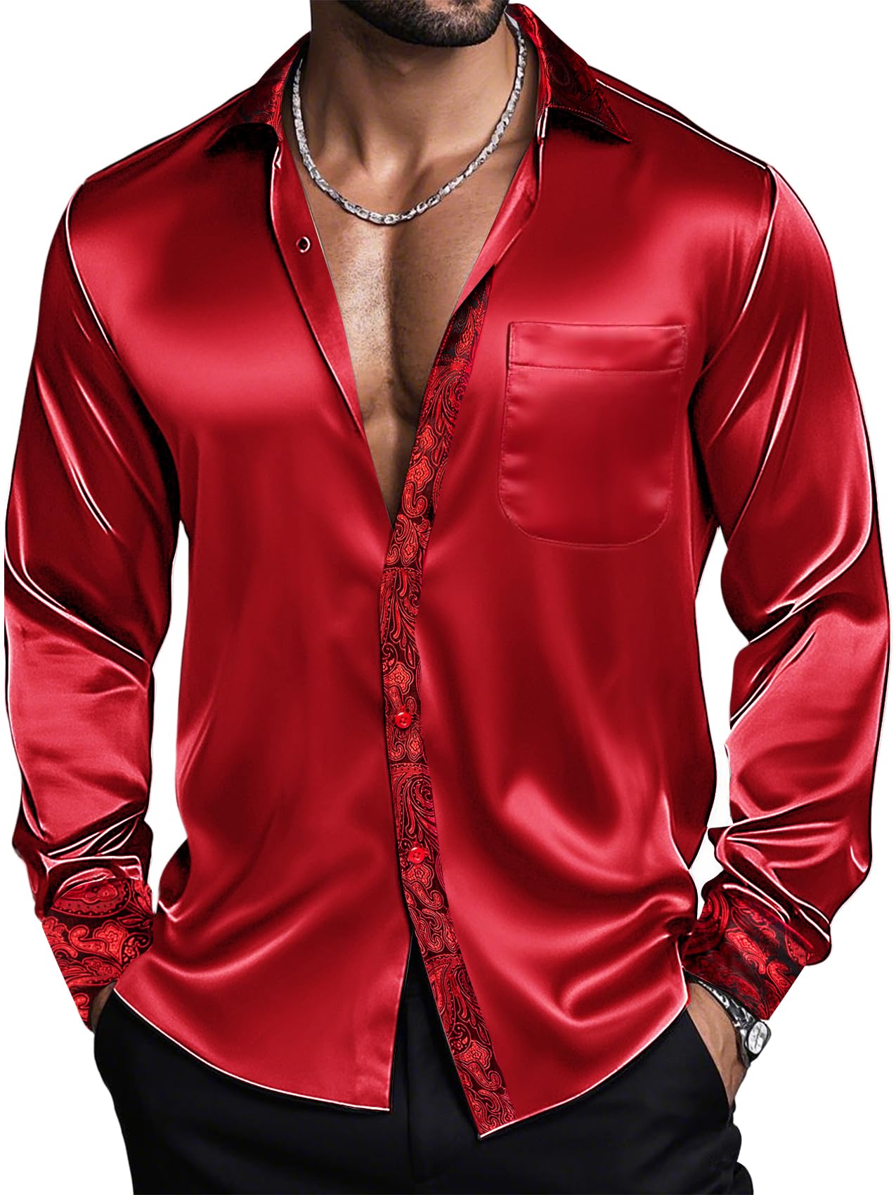 Barry.Wang Mens Satin Silk Shirts Long Sleeve Designer Dress Shirt Shiny Untucked Casual Button Down Shirt Party Disco Formal