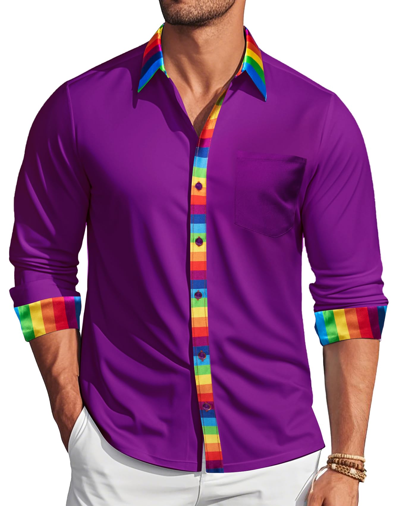 Barry.Wang Mens Satin Silk Shirts Long Sleeve Designer Dress Shirt Shiny Untucked Casual Button Down Shirt Party Disco Formal