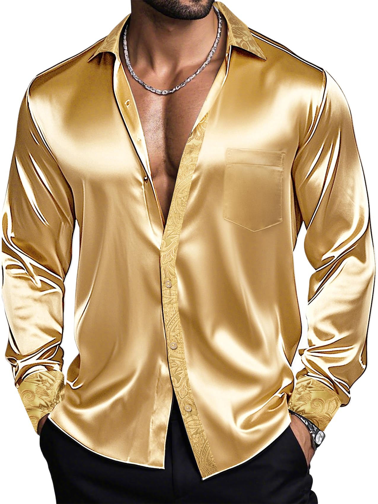 Barry.Wang Mens Satin Silk Shirts Long Sleeve Designer Dress Shirt Shiny Untucked Casual Button Down Shirt Party Disco Formal