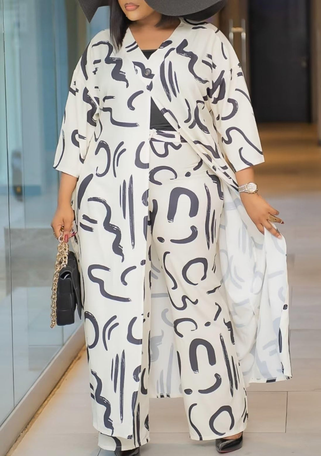 LROSEY Spring African 2 Piece Outfits Caftans for Women Floral V Neck Long Cardigan Cover Up Wide Leg Pants Sets Plus Size