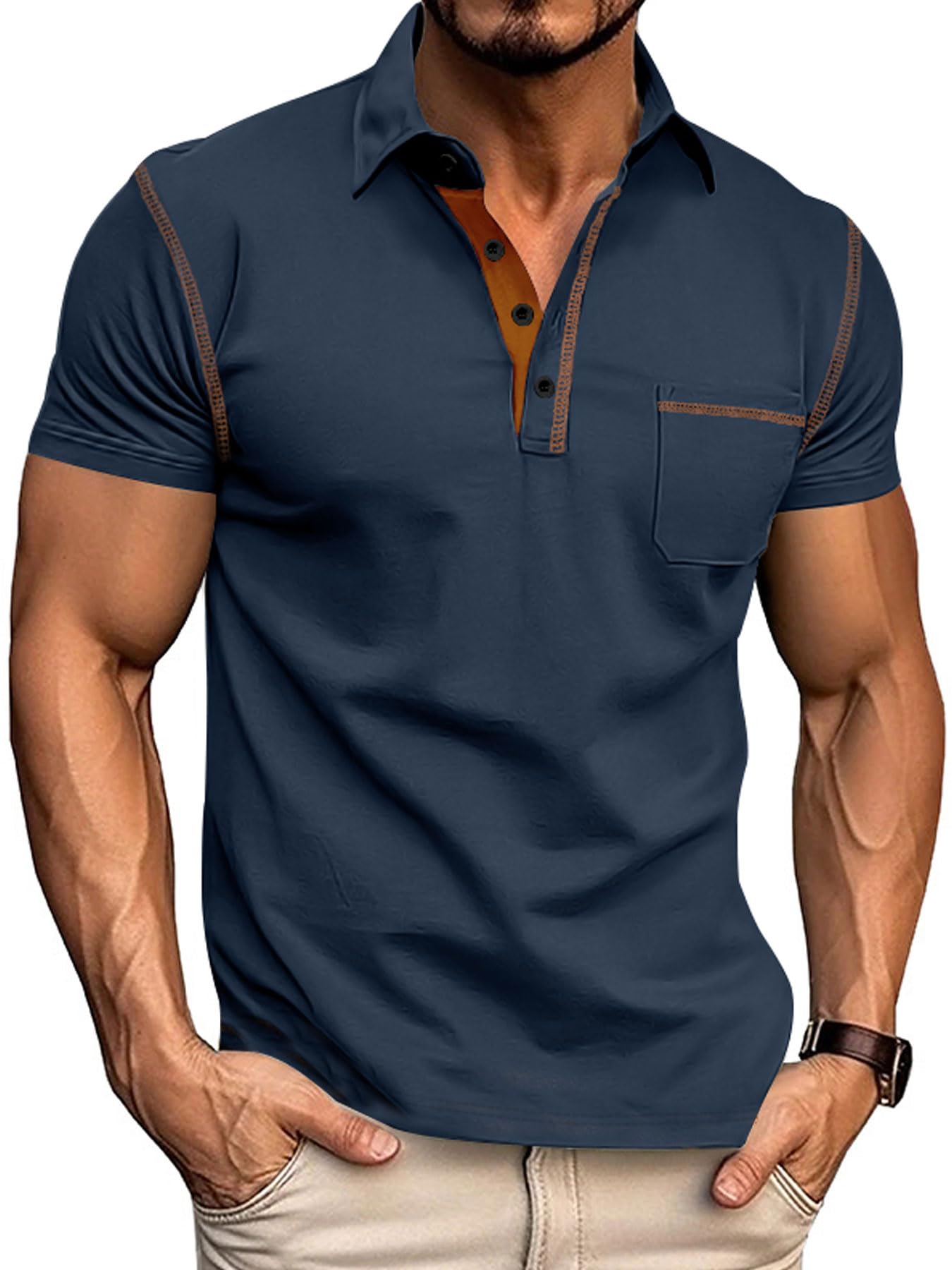 QOSOQ Men's Polo Shirts Short Sleeve Golf Polo T Shirt Lightweight Casual Button Down Shirts Summer Collared with Pocket