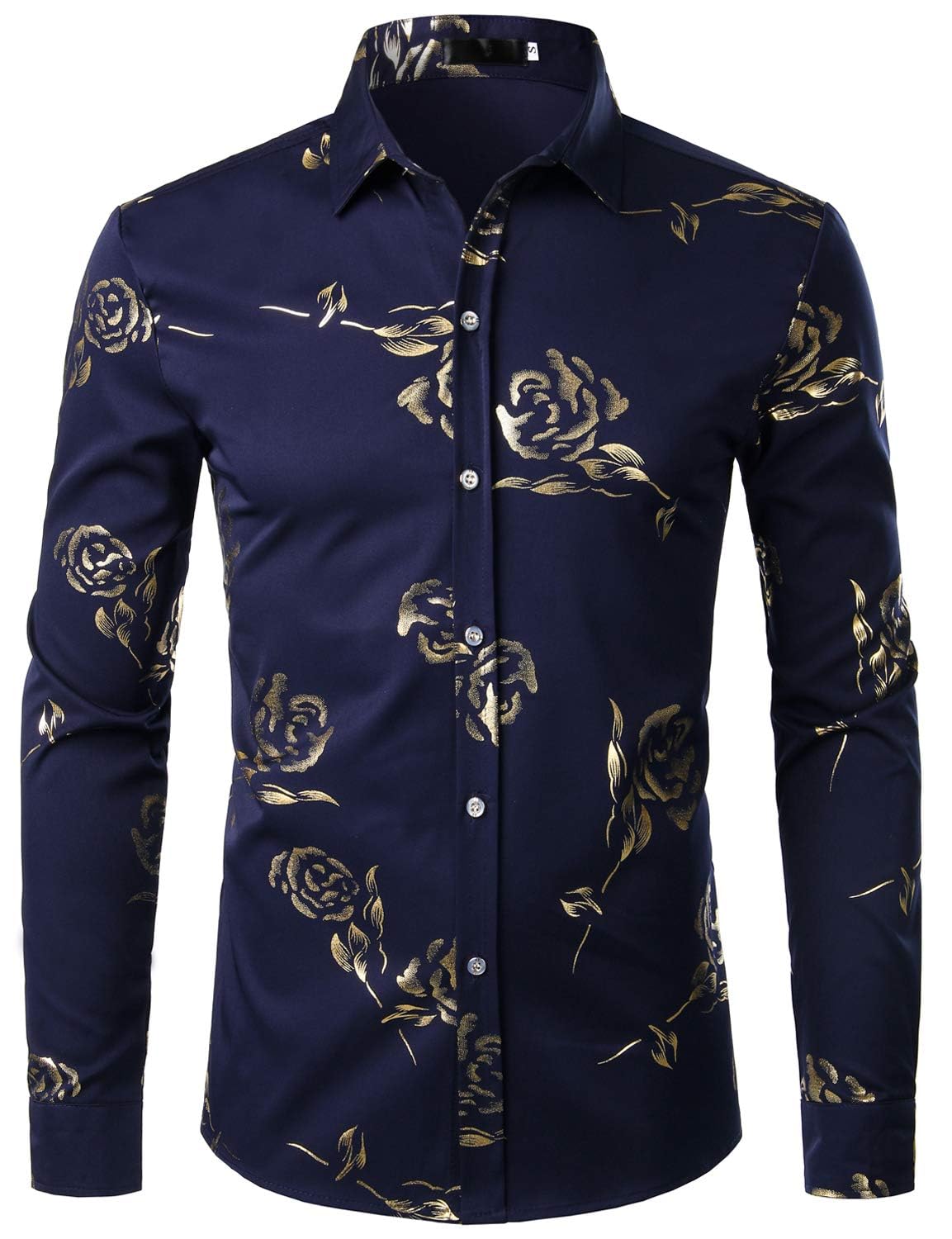 ZEROYAA Mens Hipster Rose Printed Slim Fit Long Sleeve Dress Shirts Prom Performing Shirts