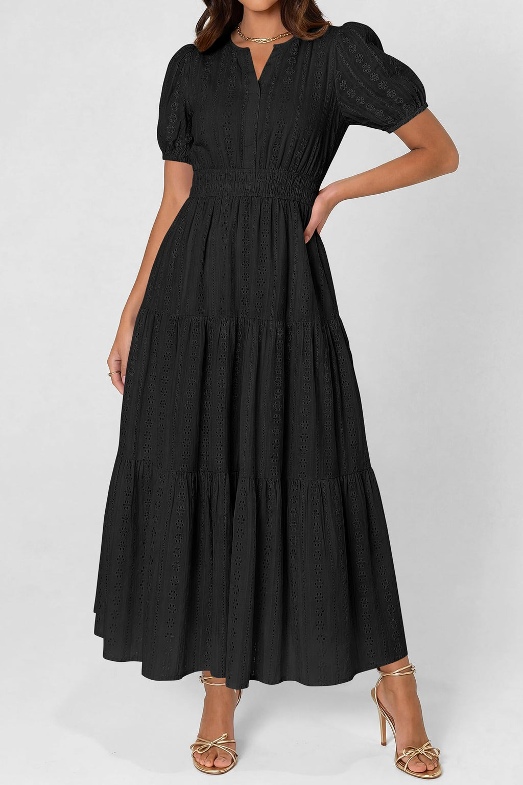 PRETTYGARDEN Womens Summer Maxi Dresses 2026 Casual Puff Sleeve V Neck Smocked Flowy Eyelet Cotton Dress Spring Sundress