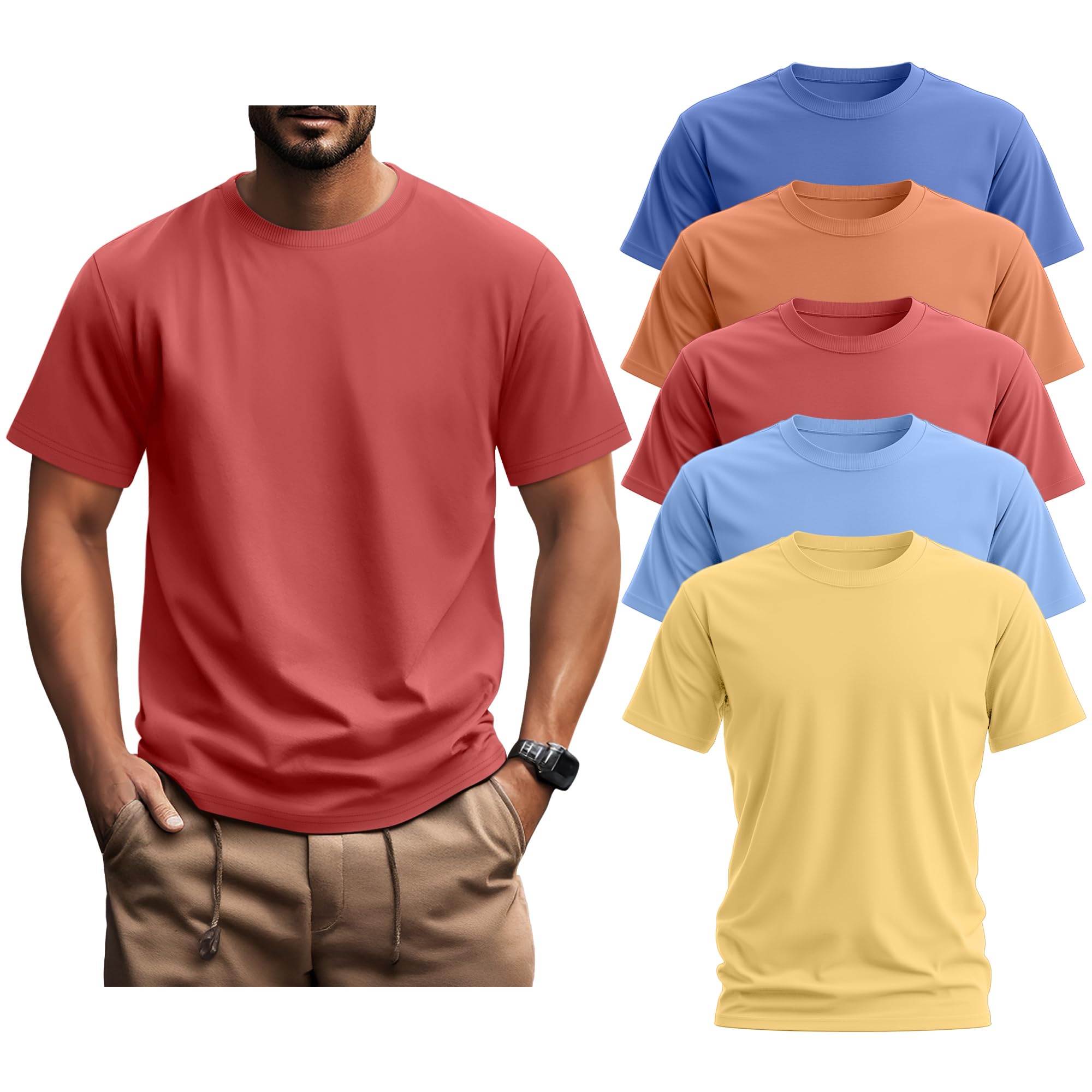 Ficerd 5 Pack Men's Big and Tall Shirts Short Sleeve Cotton Tee Summer Crew Neck Oversize Top Loose Fit Shirt Multipack