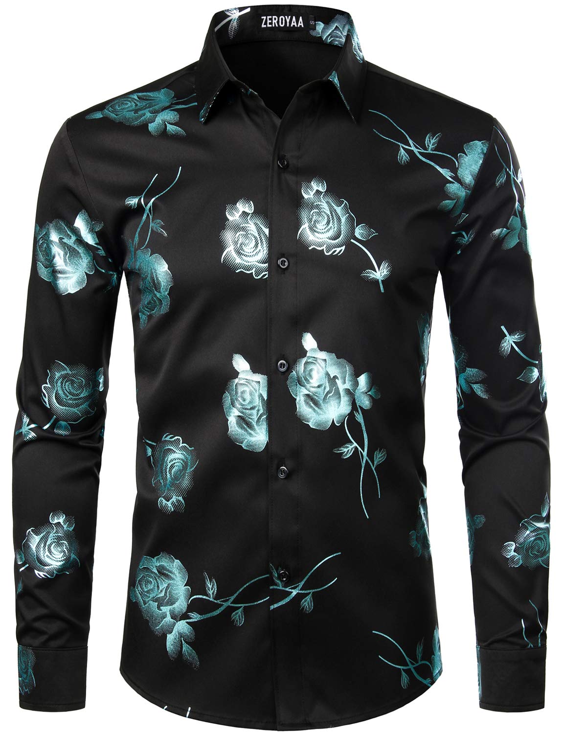 ZEROYAA Mens Hipster 3D Golden Rose Floral Printed Slim Fit Long Sleeve Button Down Dress Shirts