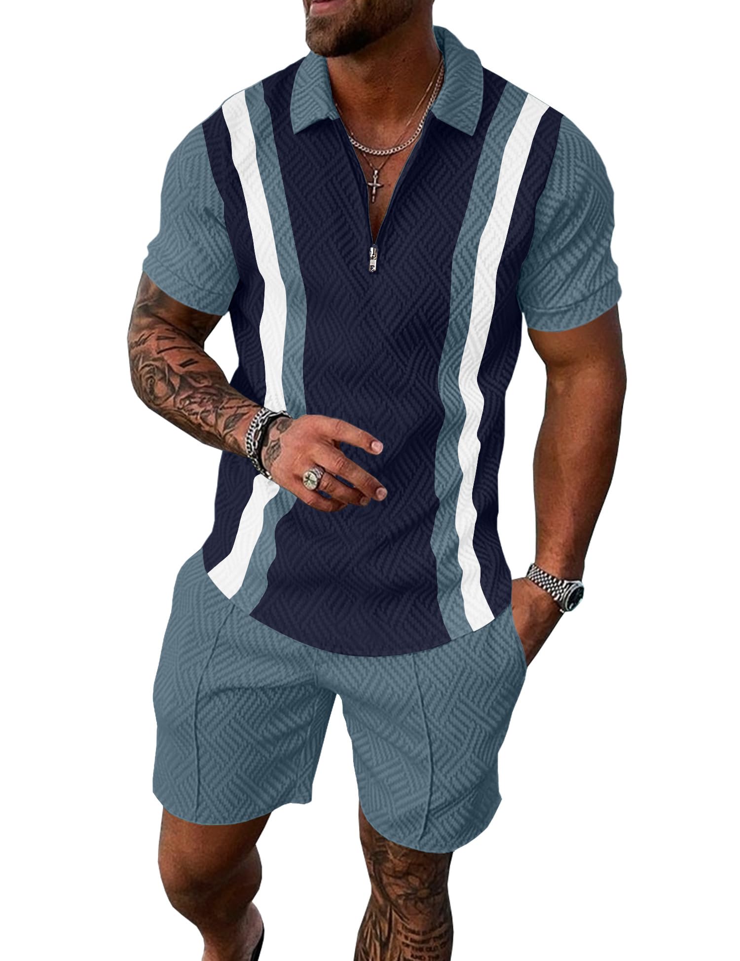UOUA Mens Summer Track Suits 2 Piece Shorts Sets Short Sleeve Sweatsuit Outfits 1/4 Zip Golf Polo Splicing Striped Shirts