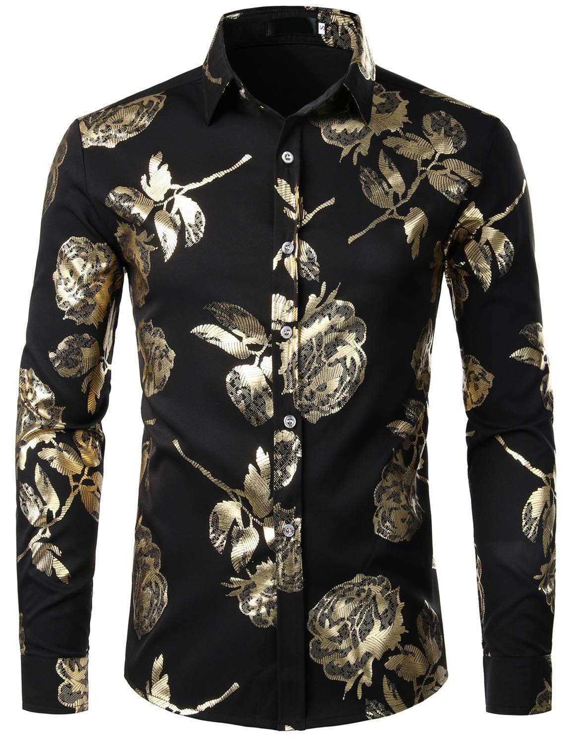ZEROYAA Mens Hipster Rose Printed Slim Fit Long Sleeve Dress Shirts Prom Performing Shirts