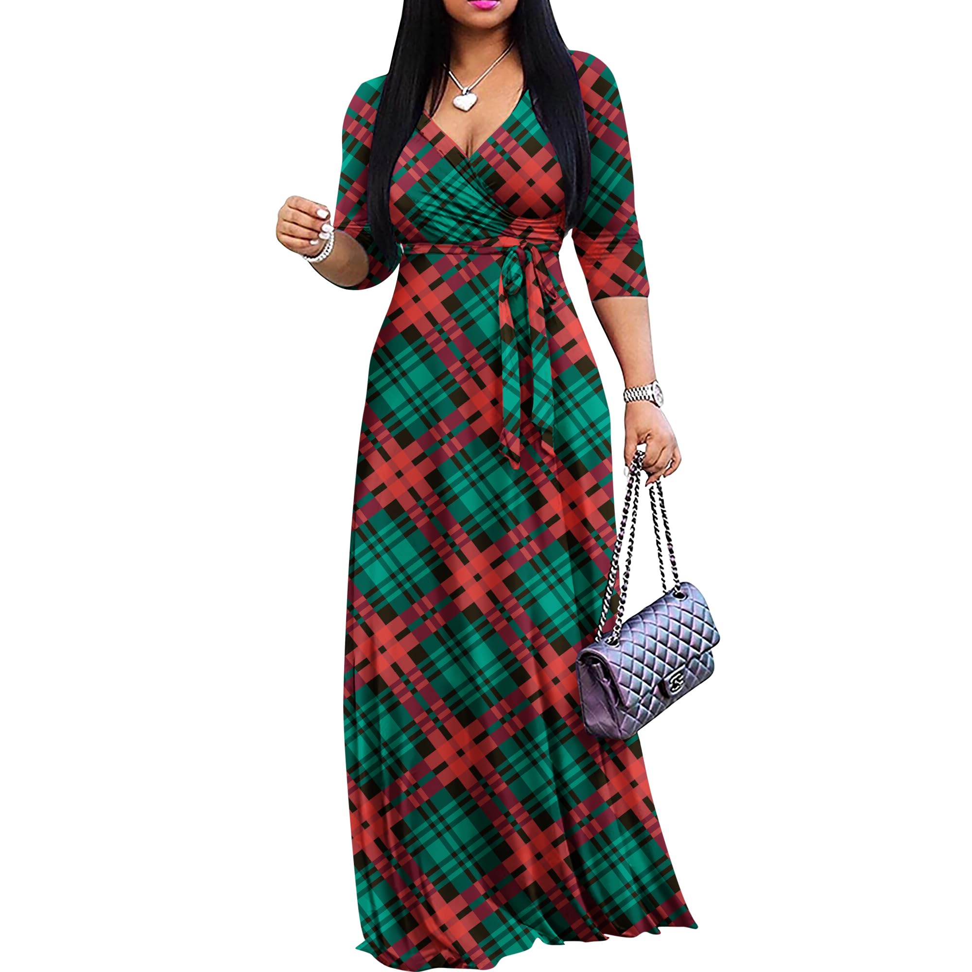 FANDEE Plus Size Maxi Dress for Women Casual Summer Sundress V-Neck 3/4 Sleeve
