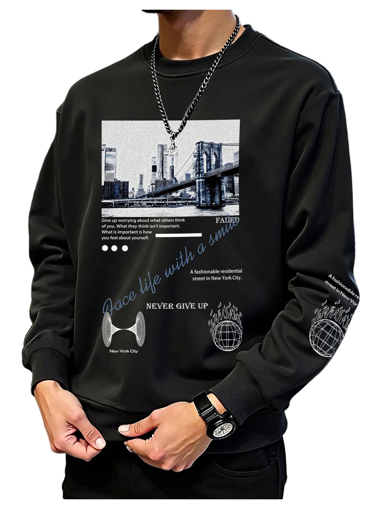 SOLY HUX Sweatshirts for Men Letter Graphic Crew Neck Long Sleeve Drop Shoulder Pullover Top