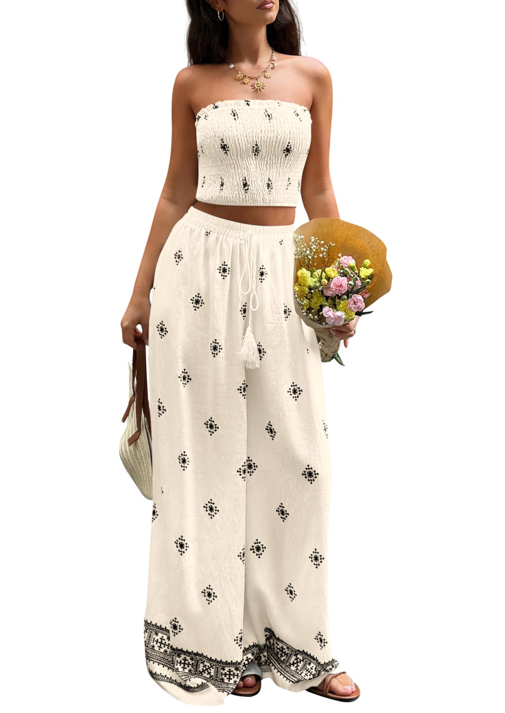 PRETTYGARDEN 2 Piece Sets for Women Summer 2026 Fashion Clothing Boho Tube Tops Wide Leg Pants Cruise Beach Vacation Outfits