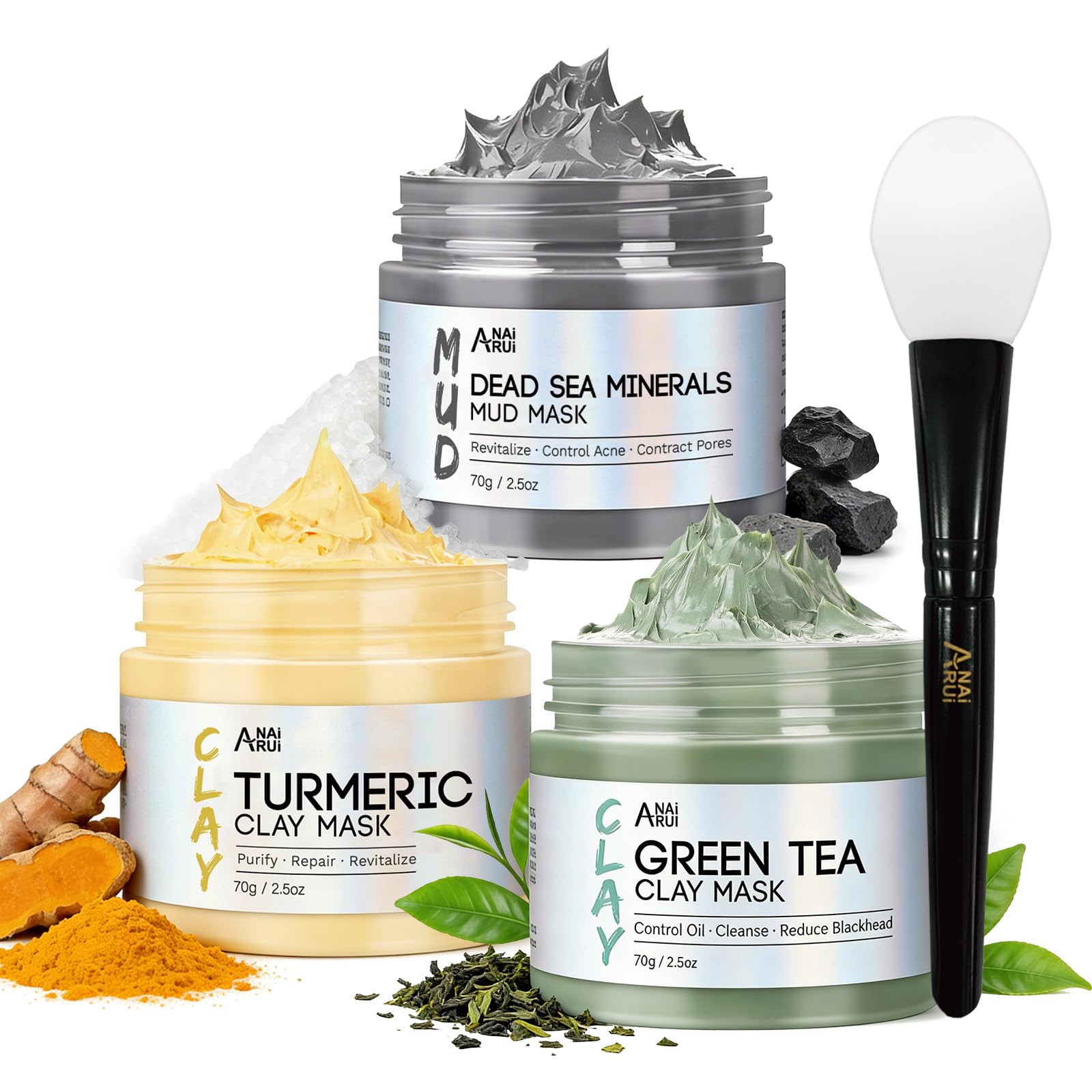 ANAI RUI 3Pcs Face Mask Set, Turmeric Clay Mask - Green Tea Face Mask - Dead Sea Minerals Mud Mask,Self Care Gifts for Women 2.5 oz each