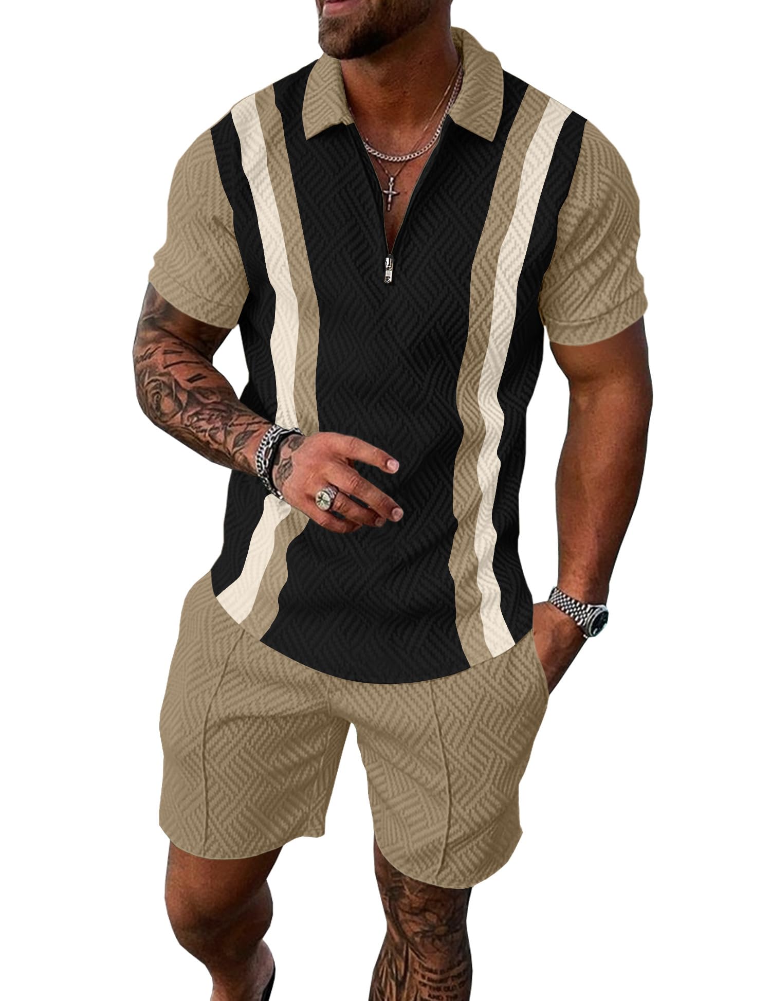 UOUA Mens Summer Track Suits 2 Piece Shorts Sets Short Sleeve Sweatsuit Outfits 1/4 Zip Golf Polo Splicing Striped Shirts
