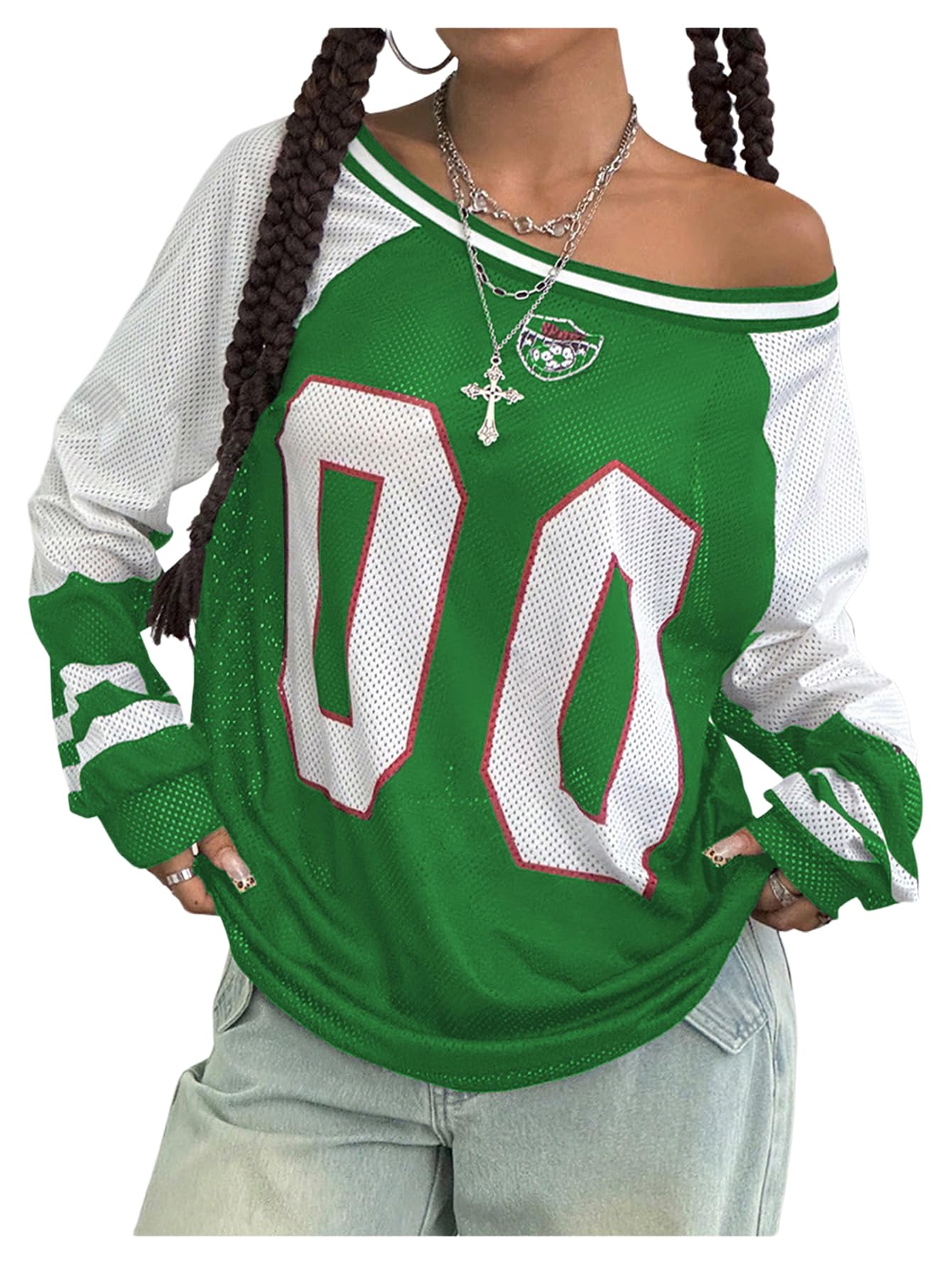 BEAUDRM Women's Y2k Mesh Jersey Shirts Sheer Graphic Tees Oversized Off The Shoulder Long Sleeve Tops Streetwear