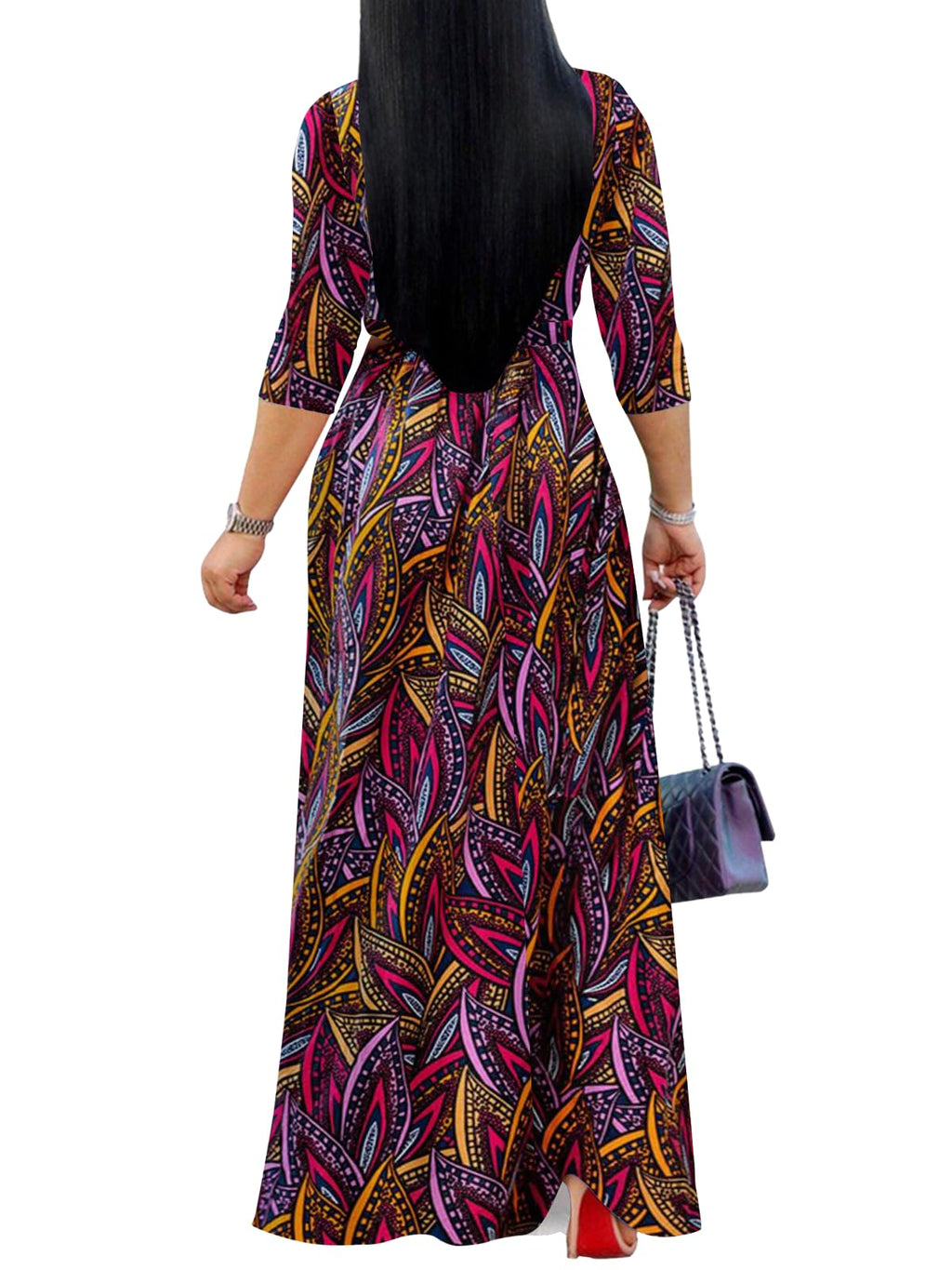 Yajedo Womens Casual Summer Maxi Dress Plus Size Sexy Wrap V Neck 3/4 Sleeve Sundress with Pockets