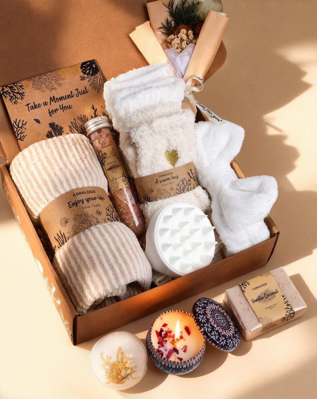 Coralogo Spa Gift Baskets for Women - 11 Pcs Items Self Care Gift Set Wellness Bath and Body Relaxing Gifts