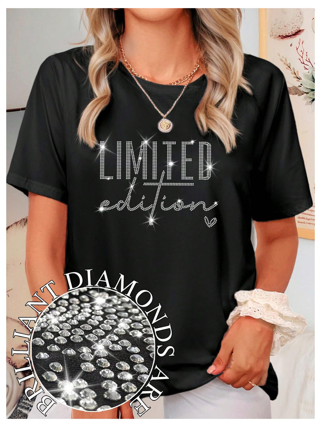 SweatyRocks Women's Plus Size Bling Rhinestone T Shirts Short Sleeve Crew Neck Y2K Tops