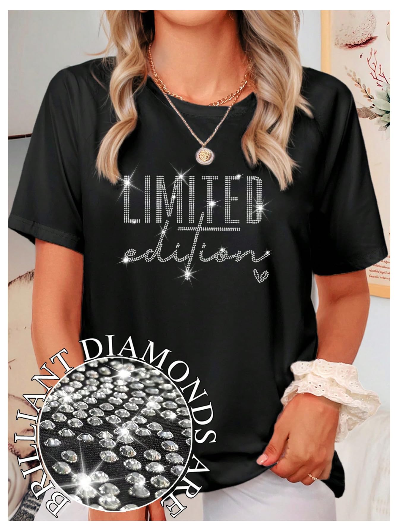 SweatyRocks Women's Plus Size Bling Rhinestone T Shirts Short Sleeve Crew Neck Y2K Tops