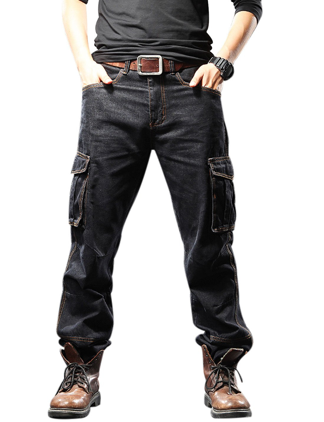 Yeokou Men's Casual Loose Hip Hop Denim Work Pants Jeans with Cargo Pockets