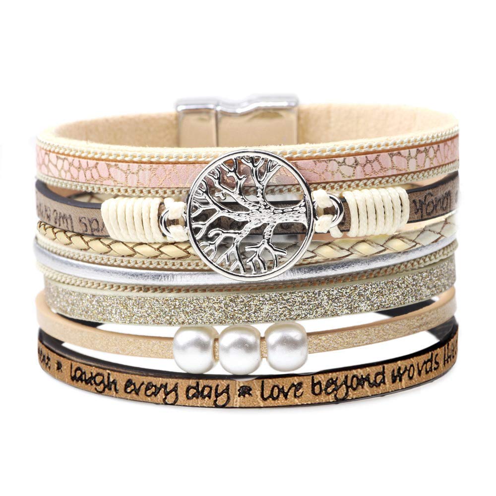 Desimtion Inspirational Tree of Life Boho Leather Wrap Bracelets for Women, Mothers Day Gifts for Mom Daughter, Bohemian Jewelry for Women Teen Girls