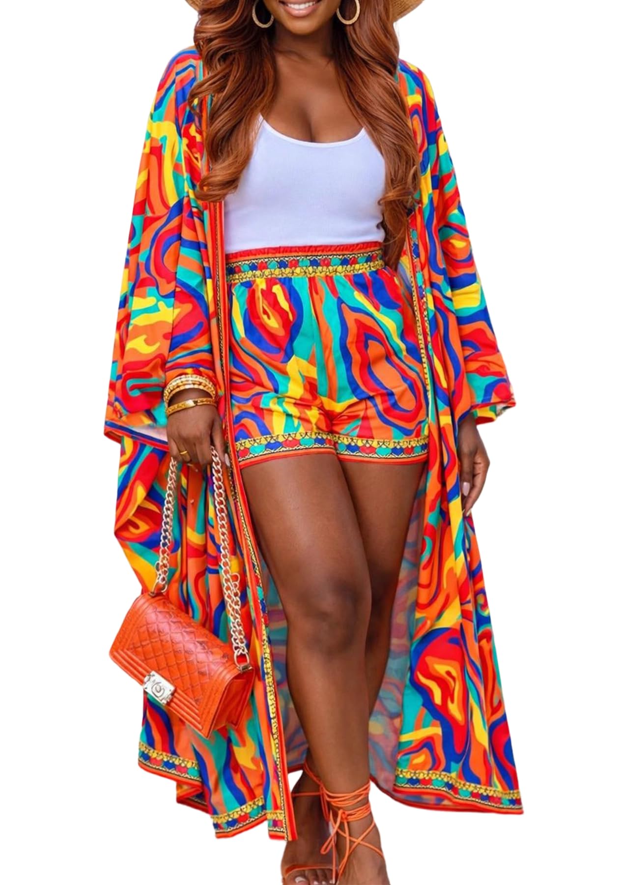 2 Piece Outfits for Women Sexy Beach Cover Up Shorts Set Open Front Long Cardigan