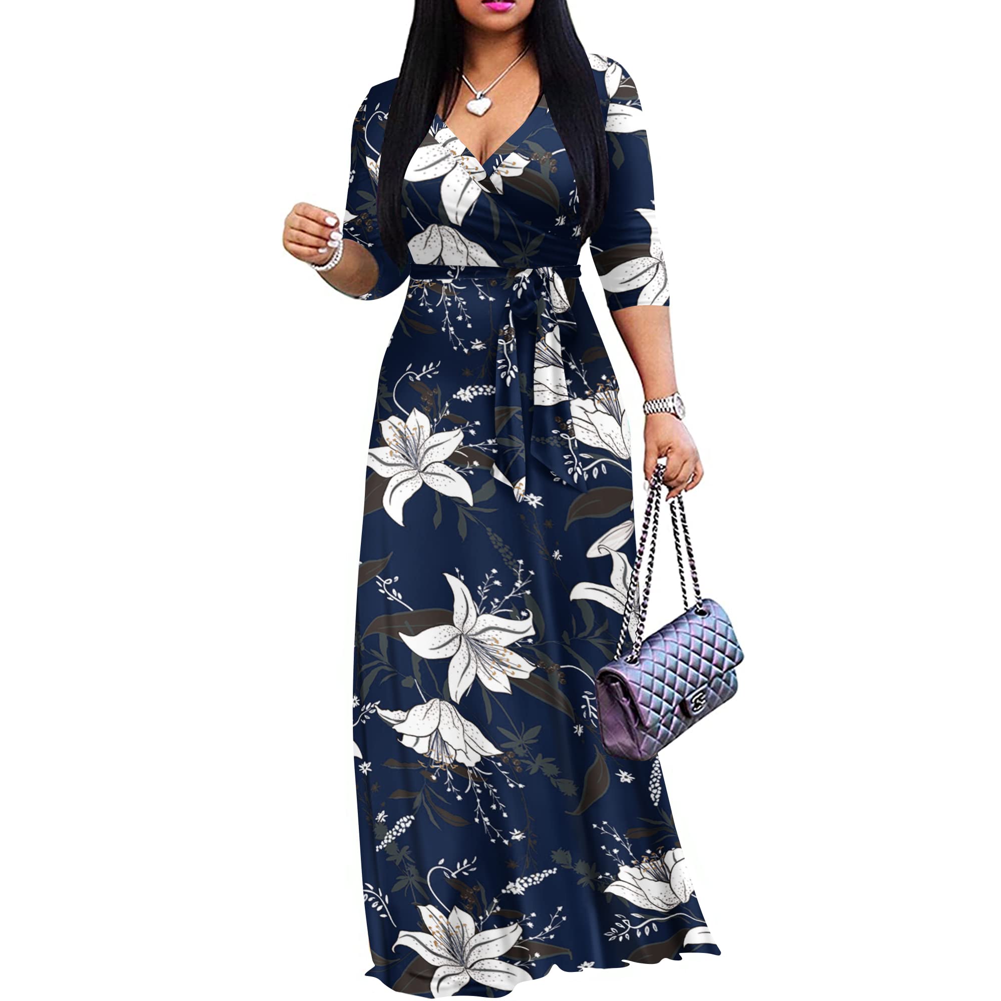 FANDEE Plus Size Maxi Dress for Women Casual Summer Sundress V-Neck 3/4 Sleeve