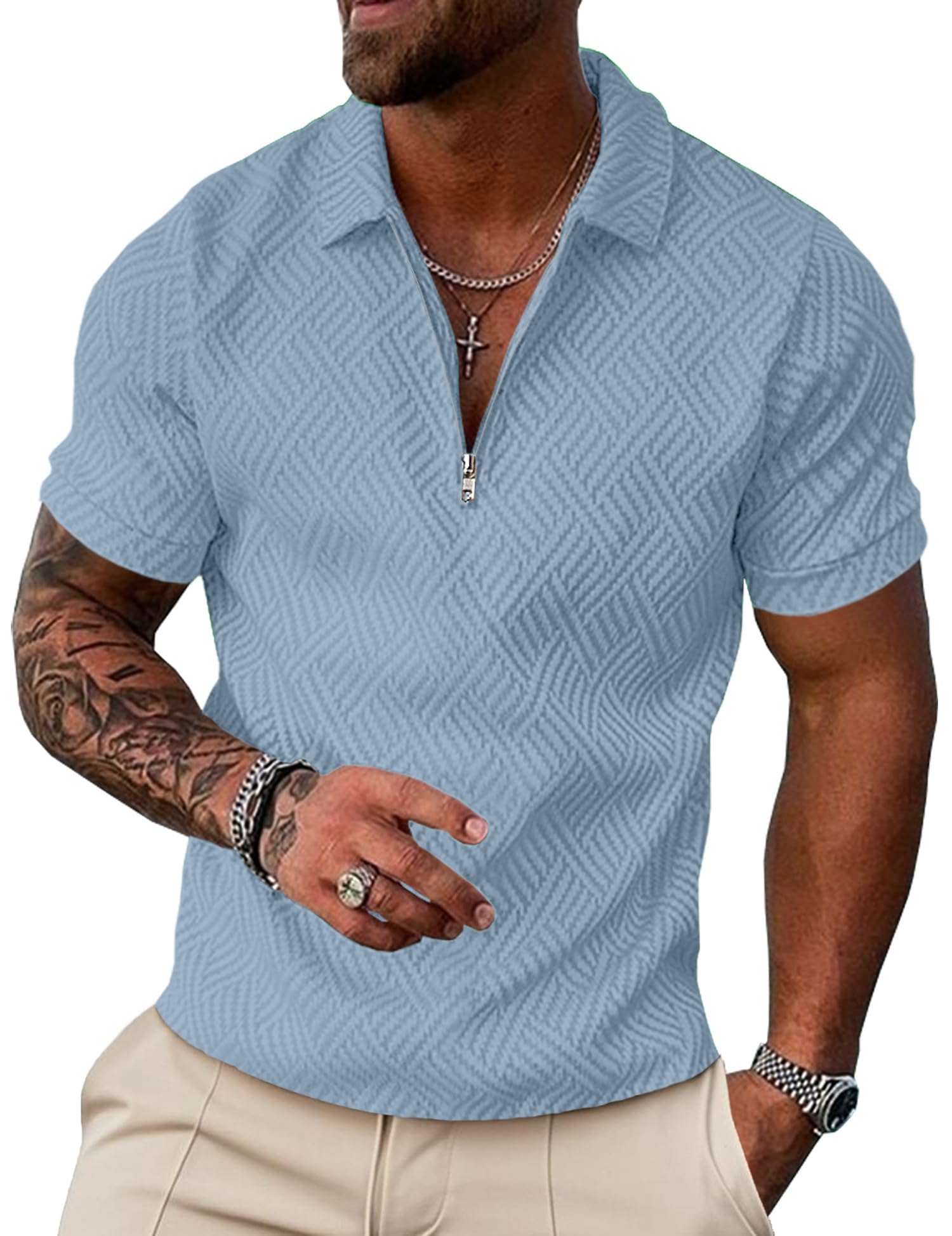 UOUA Men's Zipper Polo Shirts Short Sleeve Sweatshirts Soild Color Tops Striped Texture Casual Golf T
