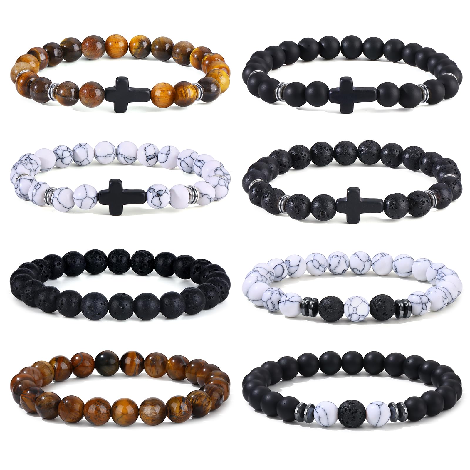 Giovanchi 4-12PCS Bracelets for Men, 8MM Mens Bracelets Lava Rock Black Obsidian Howlite Tiger Eye Beaded Natural Stone Bracelet Jewelry Gifts for Birthday Christmas