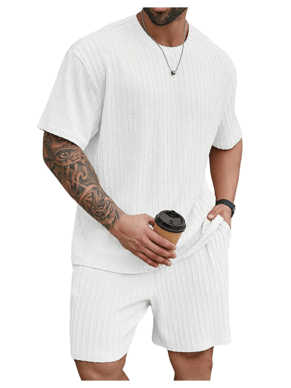 RoseSeek Men's Big and Tall 2 Piece Summer Outfits Textured Drop Shoulder T Shirt and Short Sets Tracksuit