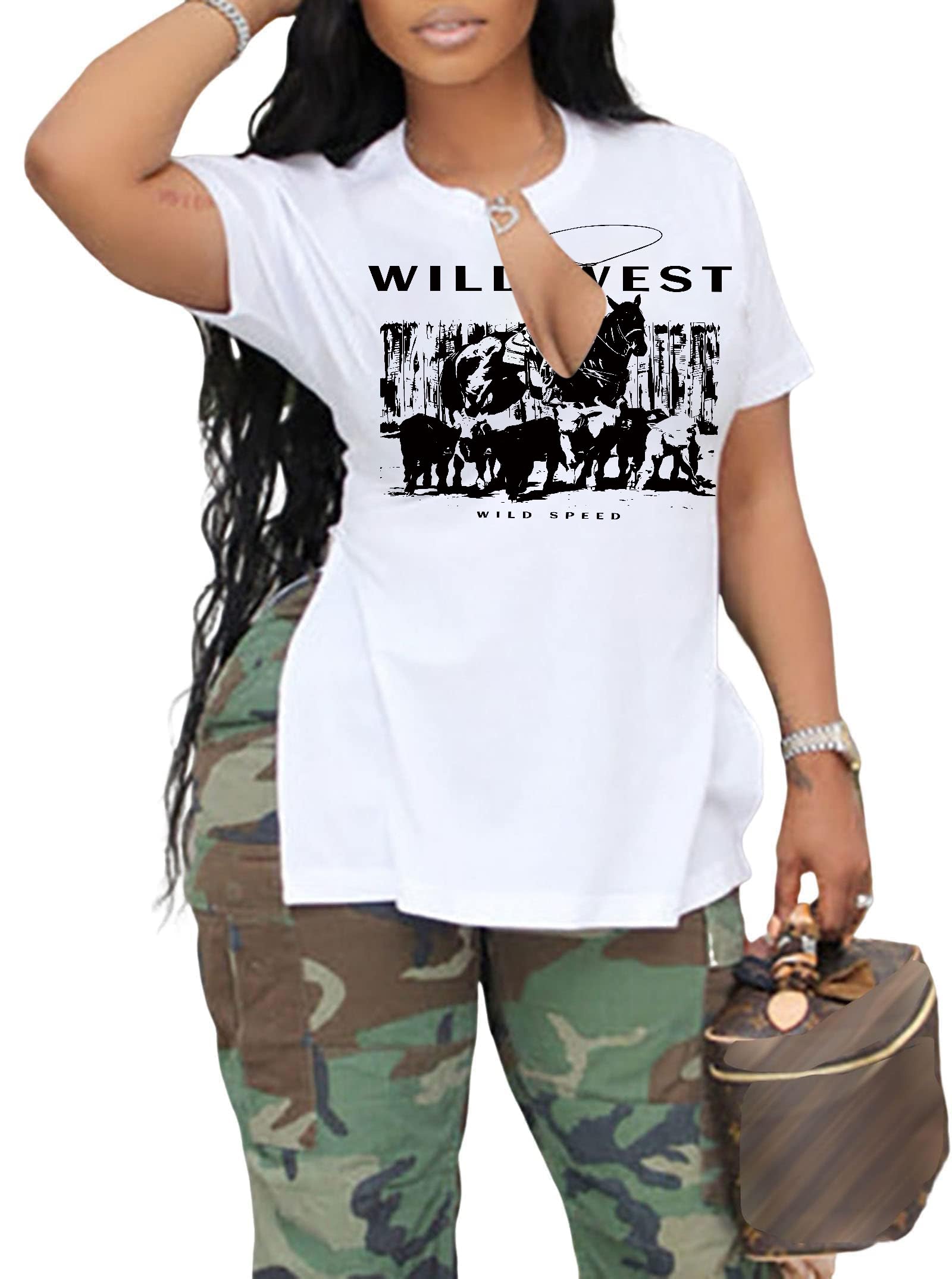 LovelyWholesale Womens Graphic Tees Sexy V Neck T Shirts Short Sleeve Side Slit Summer Tops