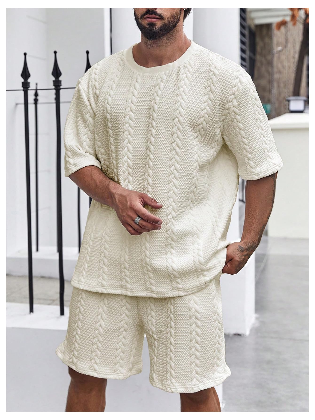GORGLITTER Men's Big and Tall Vacation Beach Outfits Cable Knit Short Sleeve T Shirt Shorts Set