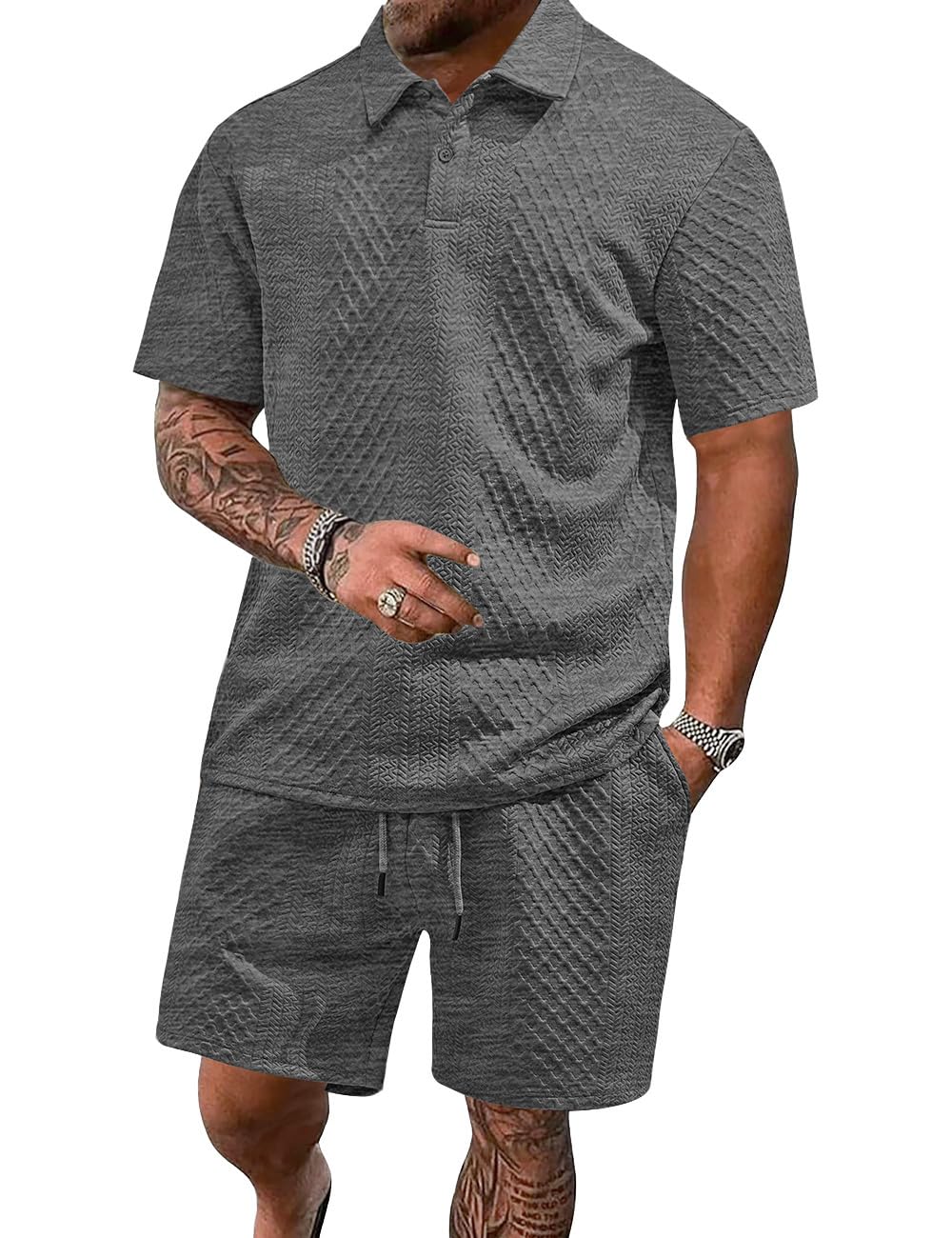 LINENNMAIN Men's 2 Pieces Outfits Casual Polo Shirt and Shorts Set Collar Athletic Jogging Summer Tracksuit