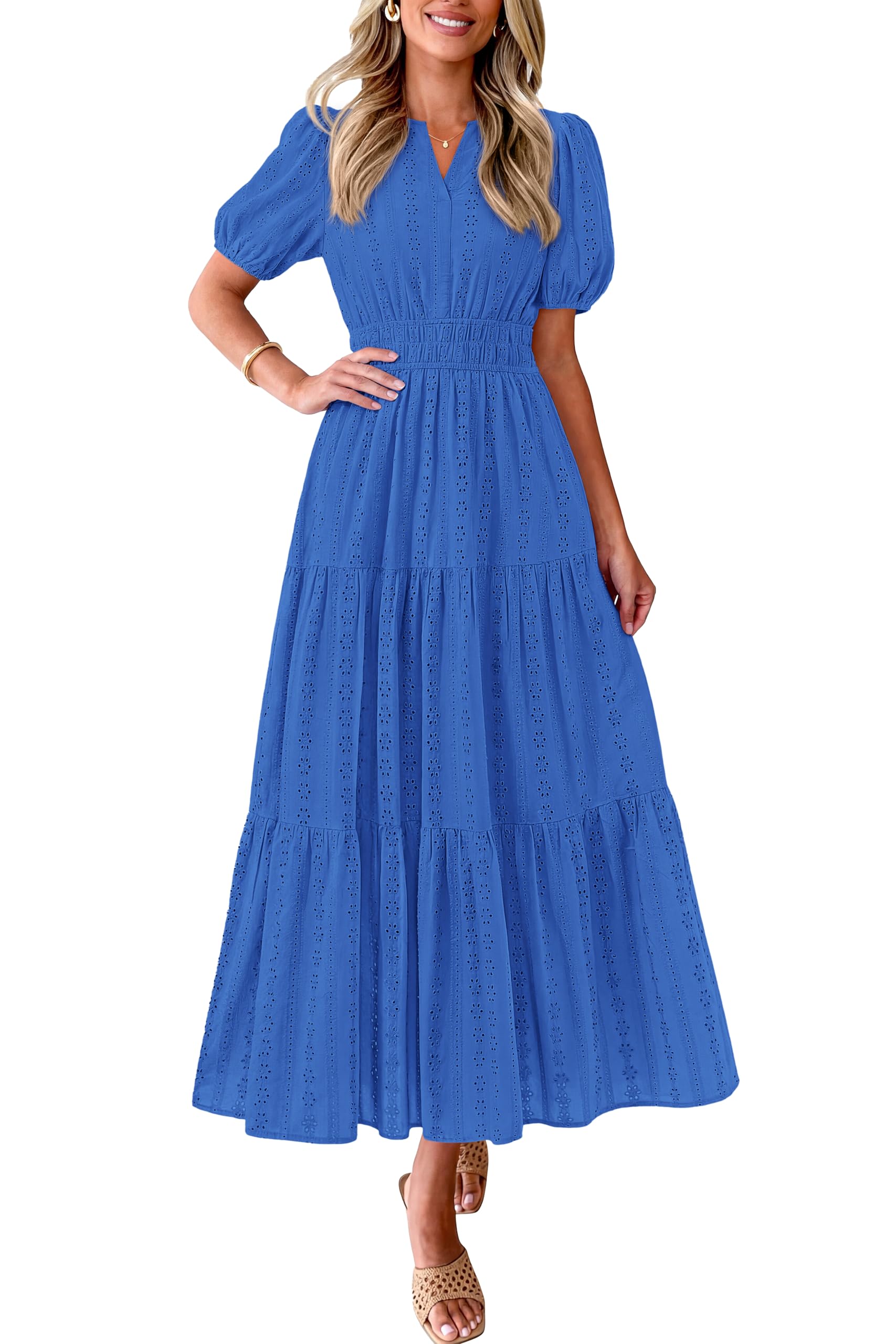 PRETTYGARDEN Womens Summer Maxi Dresses 2026 Casual Puff Sleeve V Neck Smocked Flowy Eyelet Cotton Dress Spring Sundress