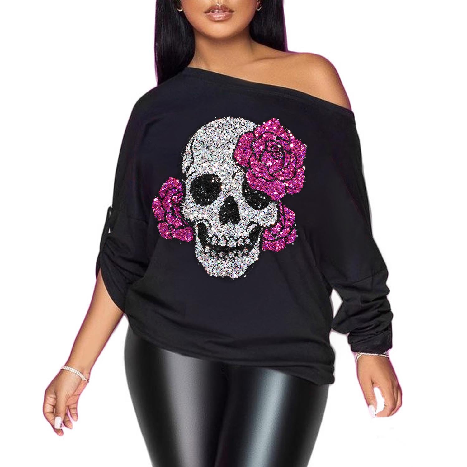 PESION Womens Off The Shoulder Tops Sexy Shiny Metallic Shirts Long Sleeves Fashion Graphic T-Shirts Blouses