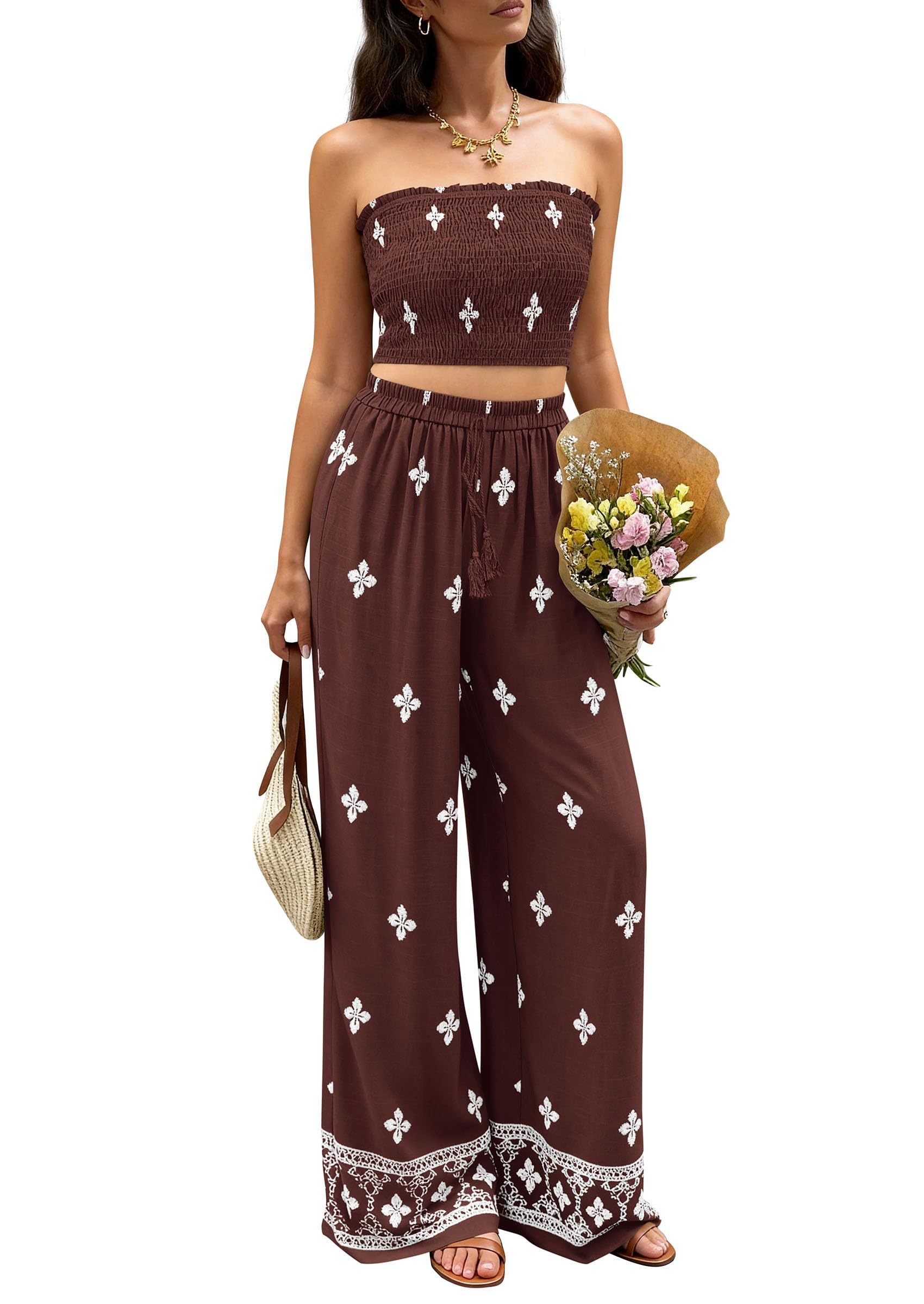 PRETTYGARDEN 2 Piece Sets for Women Summer 2026 Fashion Clothing Boho Tube Tops Wide Leg Pants Cruise Beach Vacation Outfits