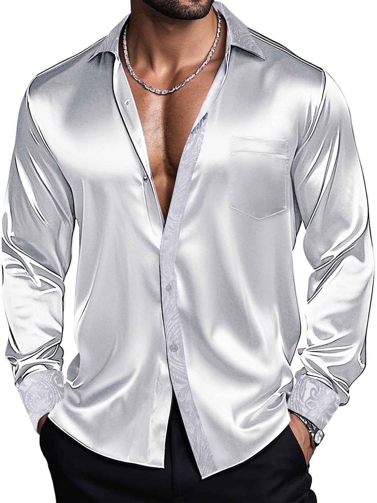 Barry.Wang Mens Satin Silk Shirts Long Sleeve Designer Dress Shirt Shiny Untucked Casual Button Down Shirt Party Disco Formal