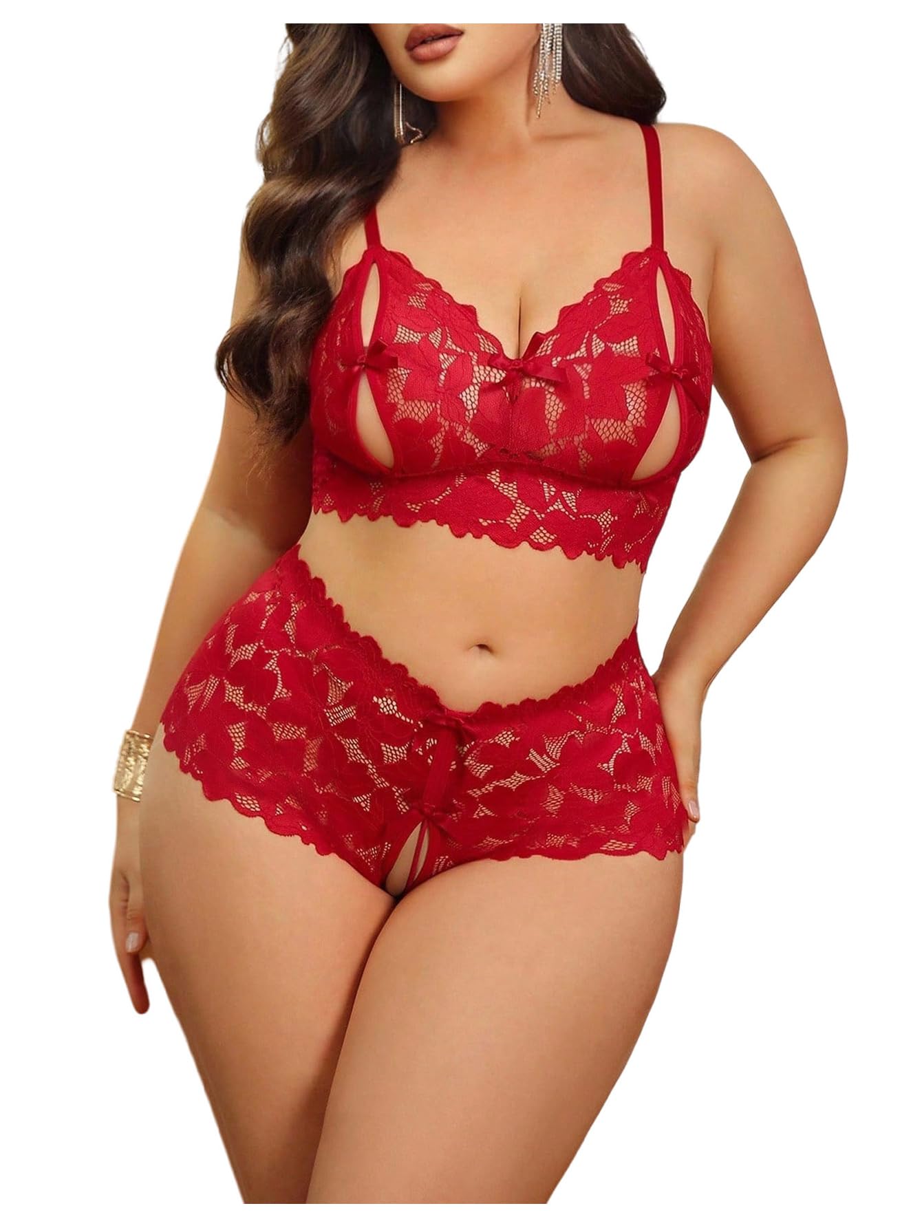 MakeMeChic Women's Plus Size Lingerie Sets Contrast Lace Cut Out Wireless Bra and Panty Set