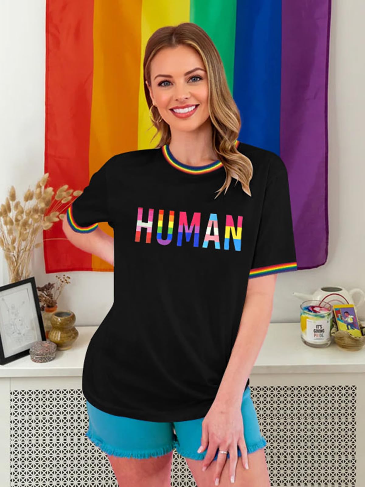 YZMI Pride Shirts for Women Pride Month Rainbow Graphic T-Shirt LGBTQ Support Red Ringer Tee