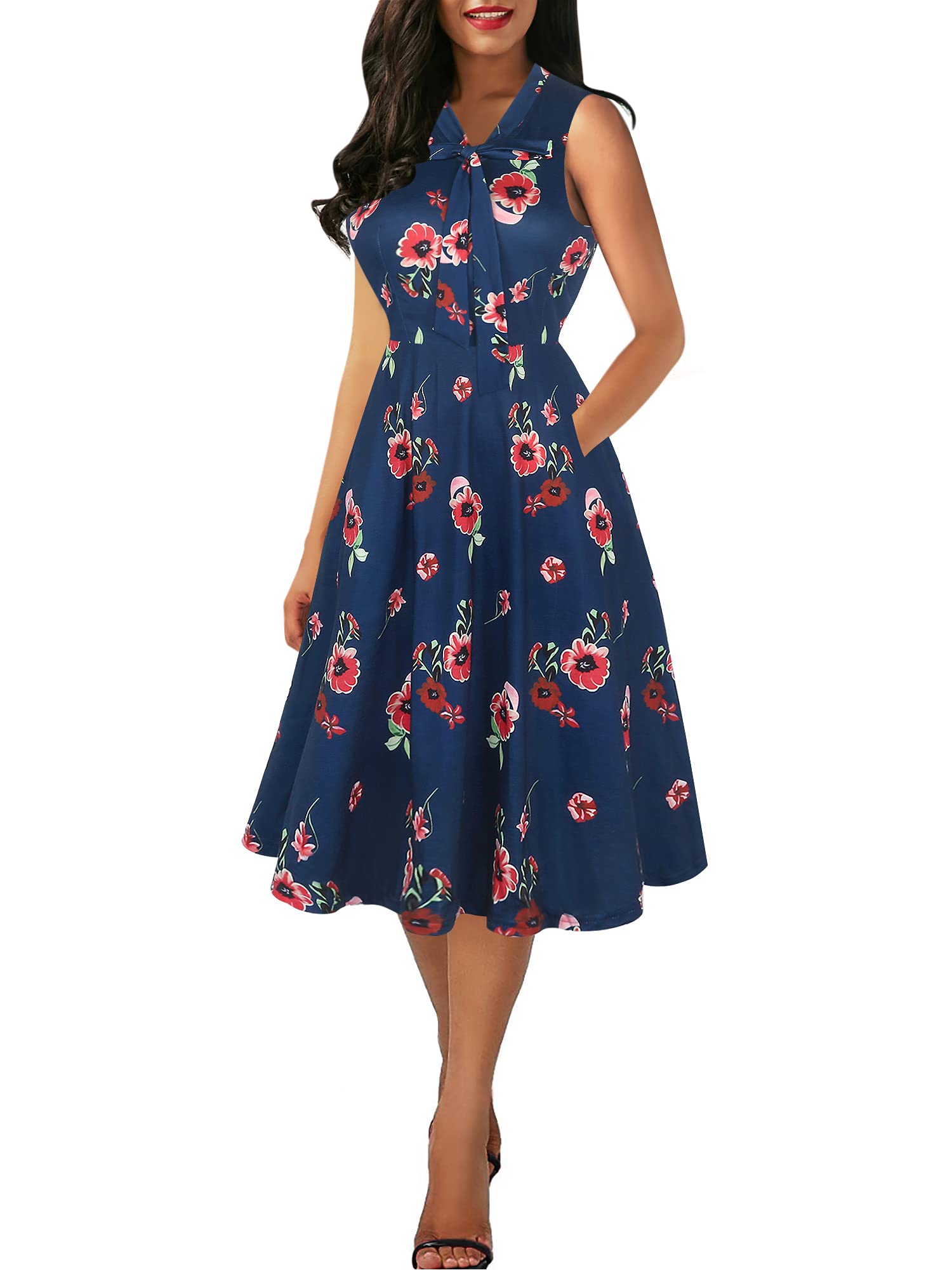 oxiuly Women's Vintage Bow Tie V-Neck Pockets Casual Work Party Cocktail Swing A-line Dresses OX278