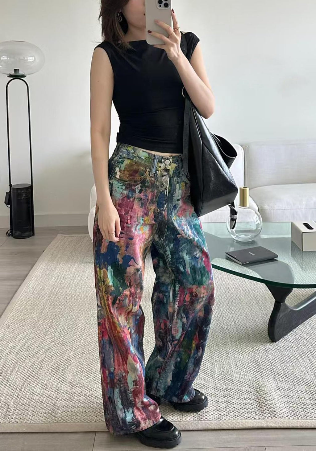 NRTHYE Womens Summer Colorful Graffiti Baggy Jeans Casual High Waist Wide Leg Streetwear Denim Cargo Print Pant Trousers