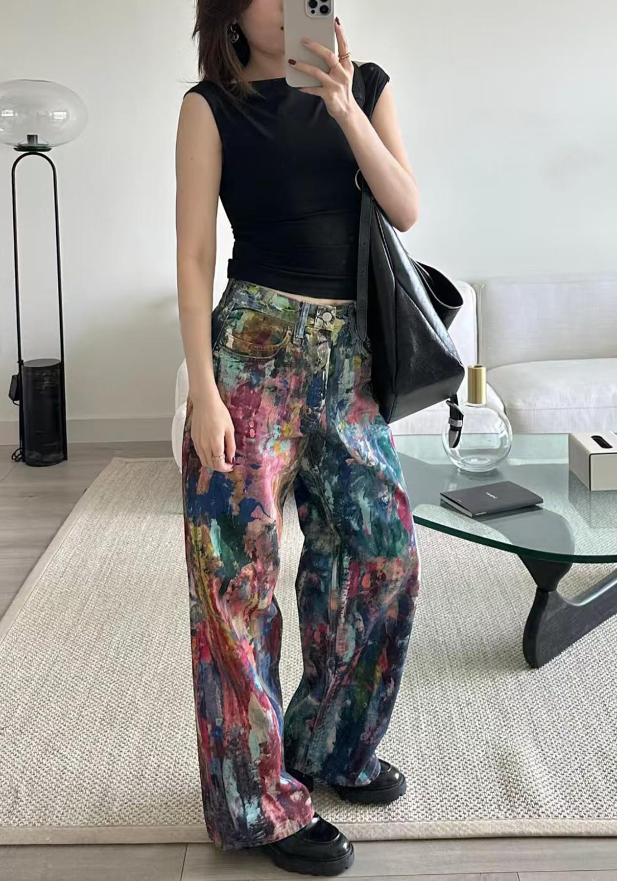 NRTHYE Womens Summer Colorful Graffiti Baggy Jeans Casual High Waist Wide Leg Streetwear Denim Cargo Print Pant Trousers